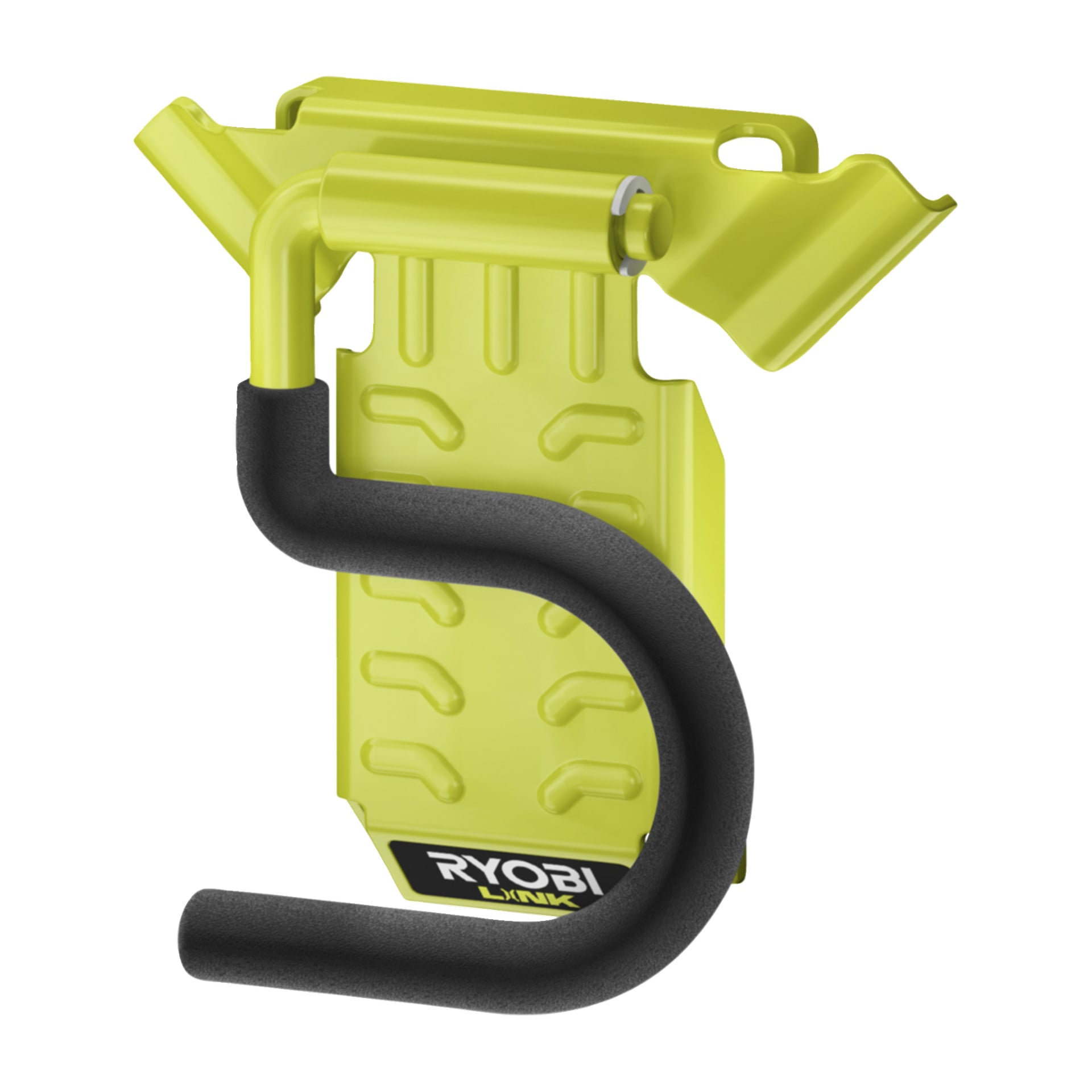 Ryobi LINK RSLW802 trädgårdsverktygskrok har en gul, texturerad bakplatta och en svart böjd metallkrok med stoppning för väggmontering.