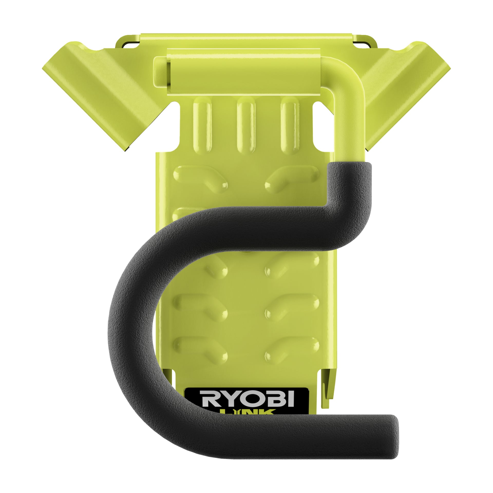Ryobi LINK RSLW802 verktygskrok har en gul bas, svart skumvadderad krok och en djärv Ryobi-logga för förvaring av trädgårdsredskap.