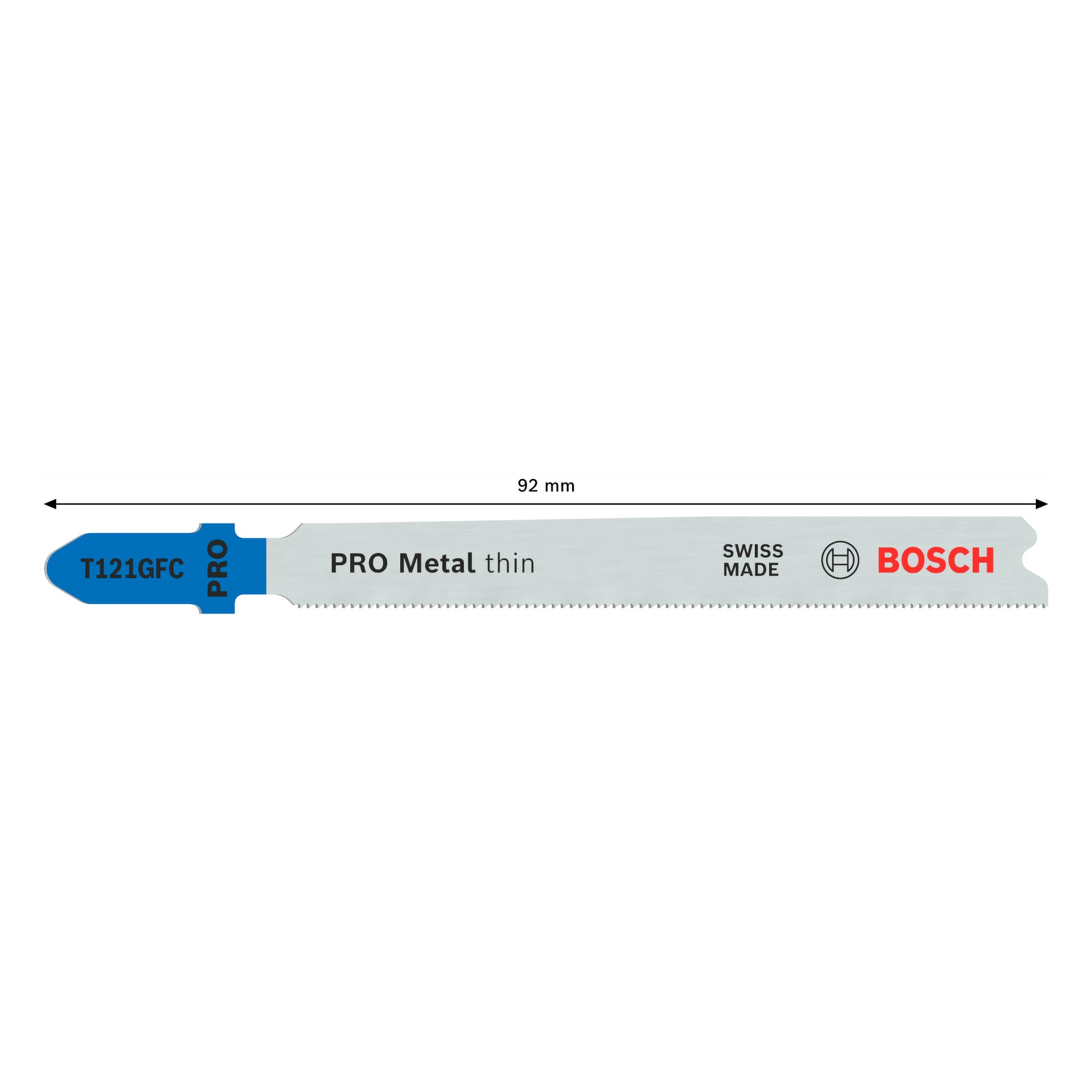 Bosch Pro sticksågsblad T121GFC PRO Metal, 92 mm, 2-pack, silver med blå ände, SWISS MADE och Bosch-logotyp, för tunn metall.