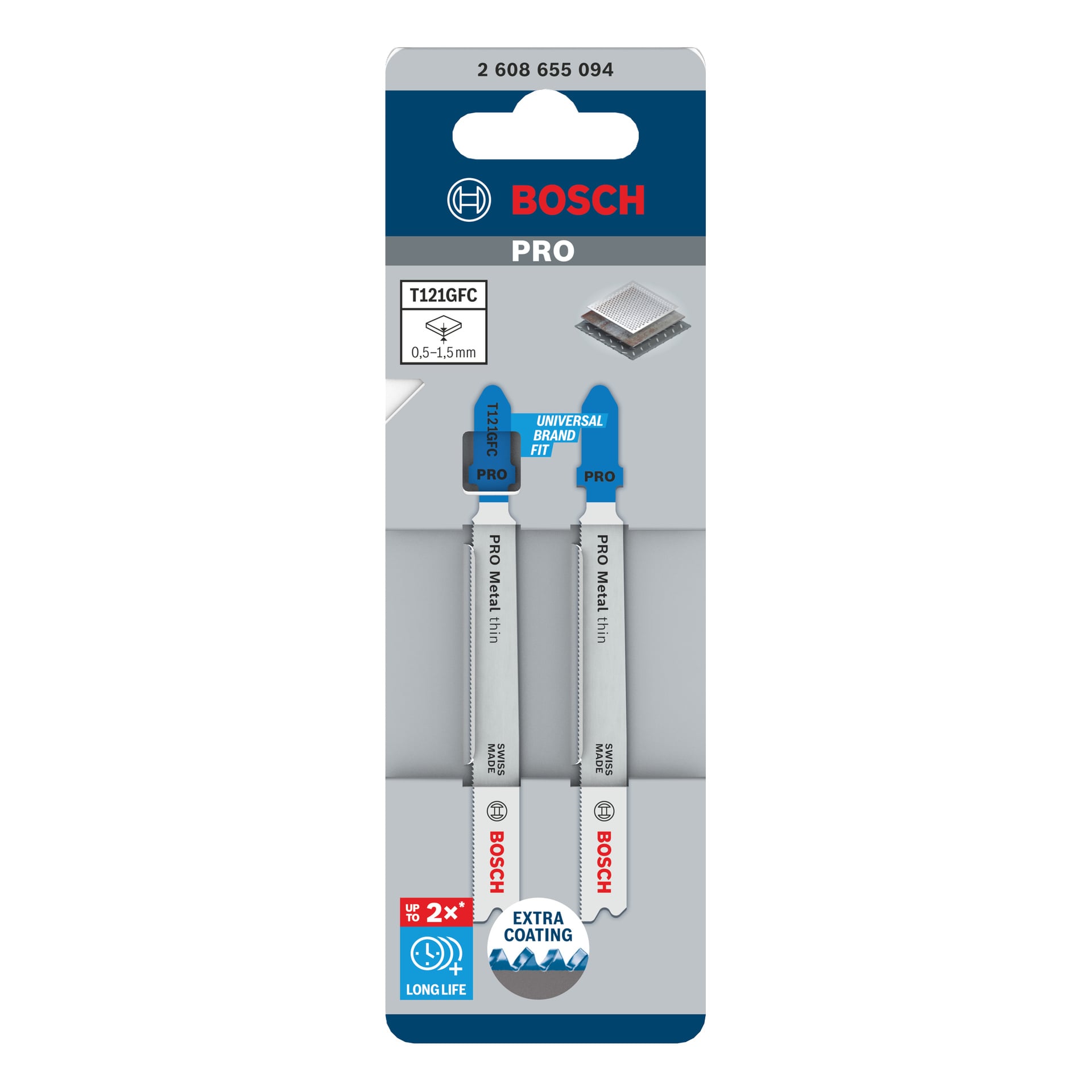 Bosch Pro Jigsaw-blad T121GFC PRO Metal 2-pack i förpackningen, med universell passform, extra beläggning och långa hållbarhetsdetaljer synliga.