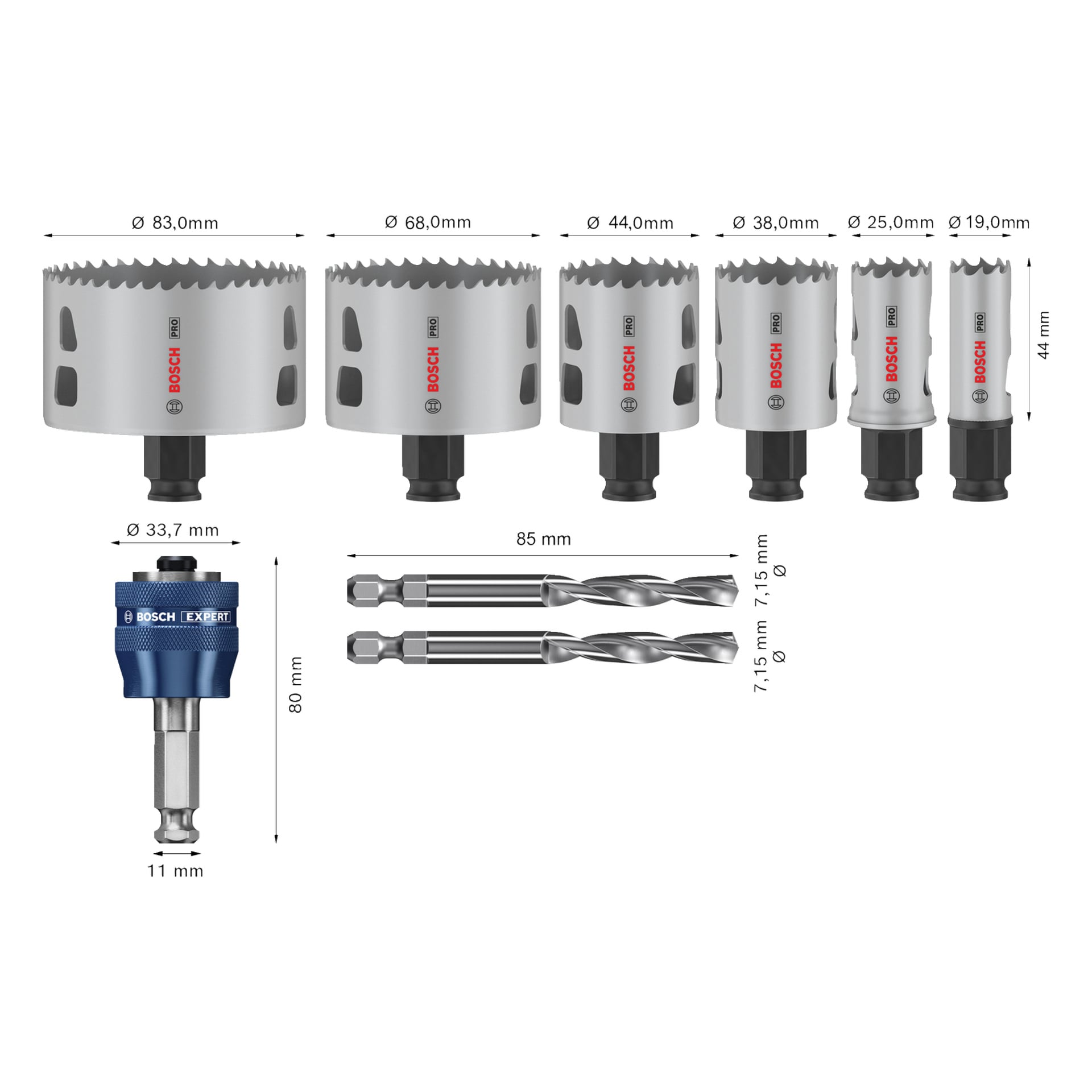 Bosch Pro Set zawiera 5 pił otworowych (19–83 mm), 2 wiertła oraz niebieski adapter, każdy wyraźnie oznaczony swoim rozmiarem.