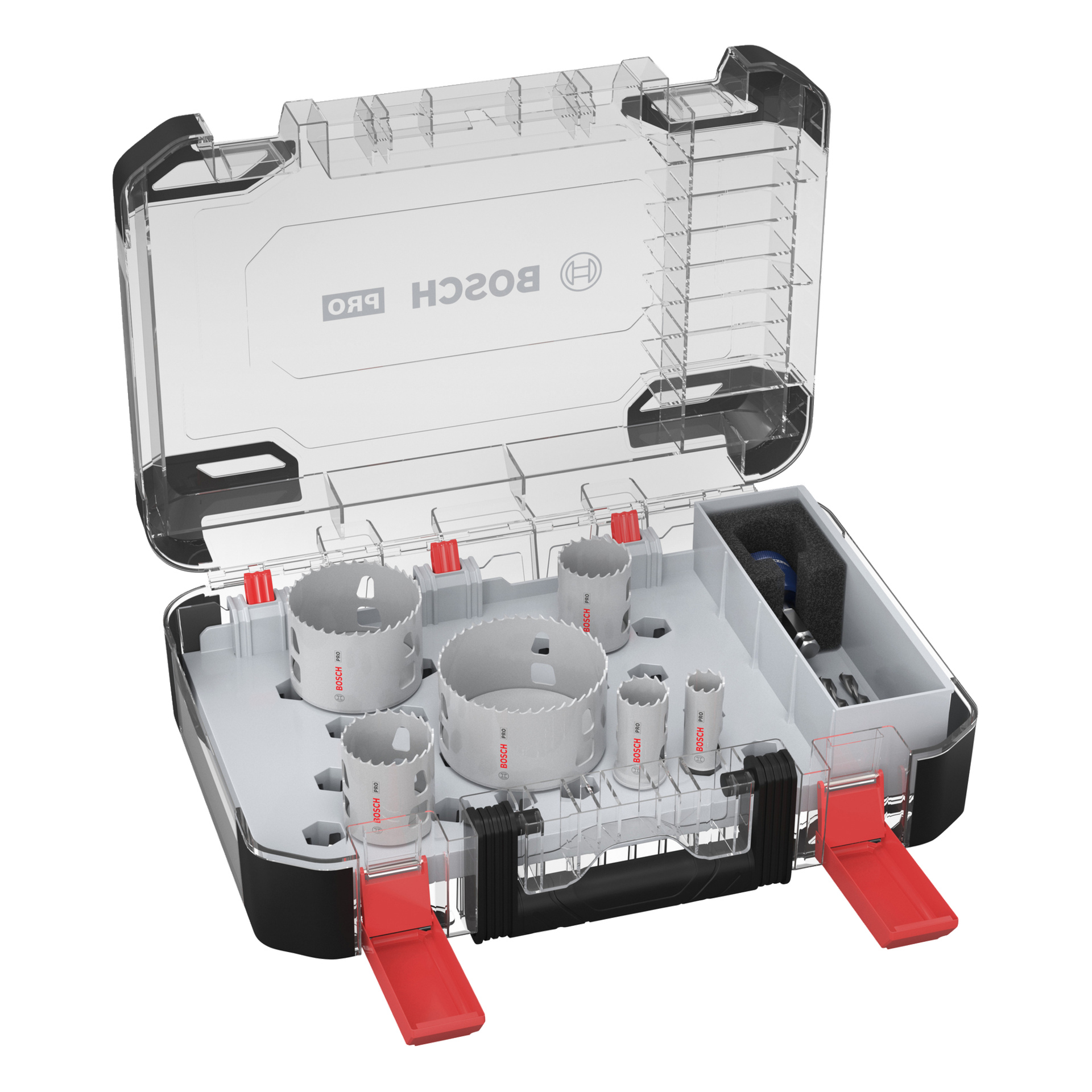Bosch Pro 9-częściowa piła otworowa w przezroczystej obudowie z czerwonymi zapięciami, trzymająca okrągłe ostrza, akcesoria, niebieskie narzędzie i piankową wyściółkę.