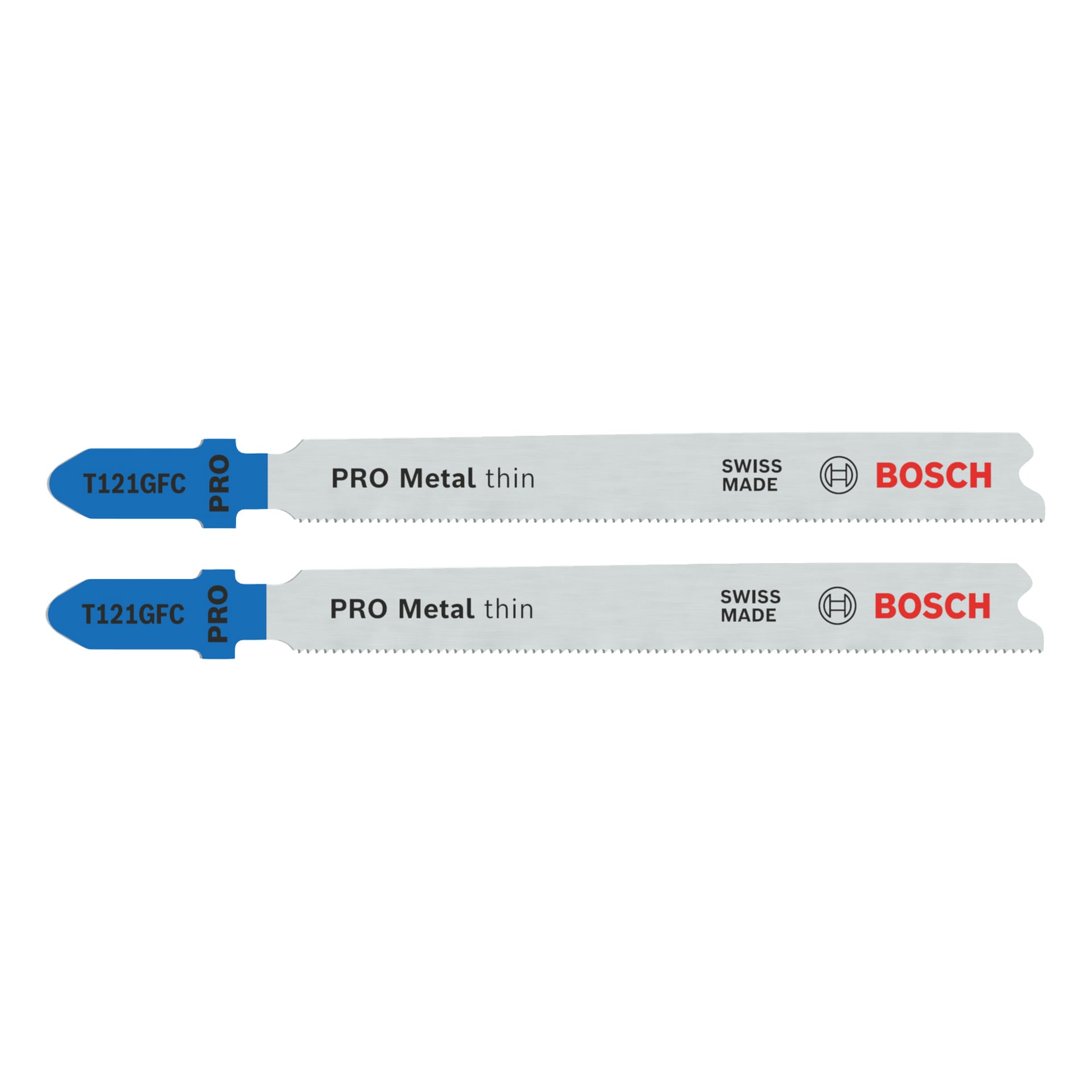 Två Bosch Pro Jigsaw T121GFC PRO Metal-bladpaket sida vid sida, med blå skaft, fina tänder och märkta silverblad.
