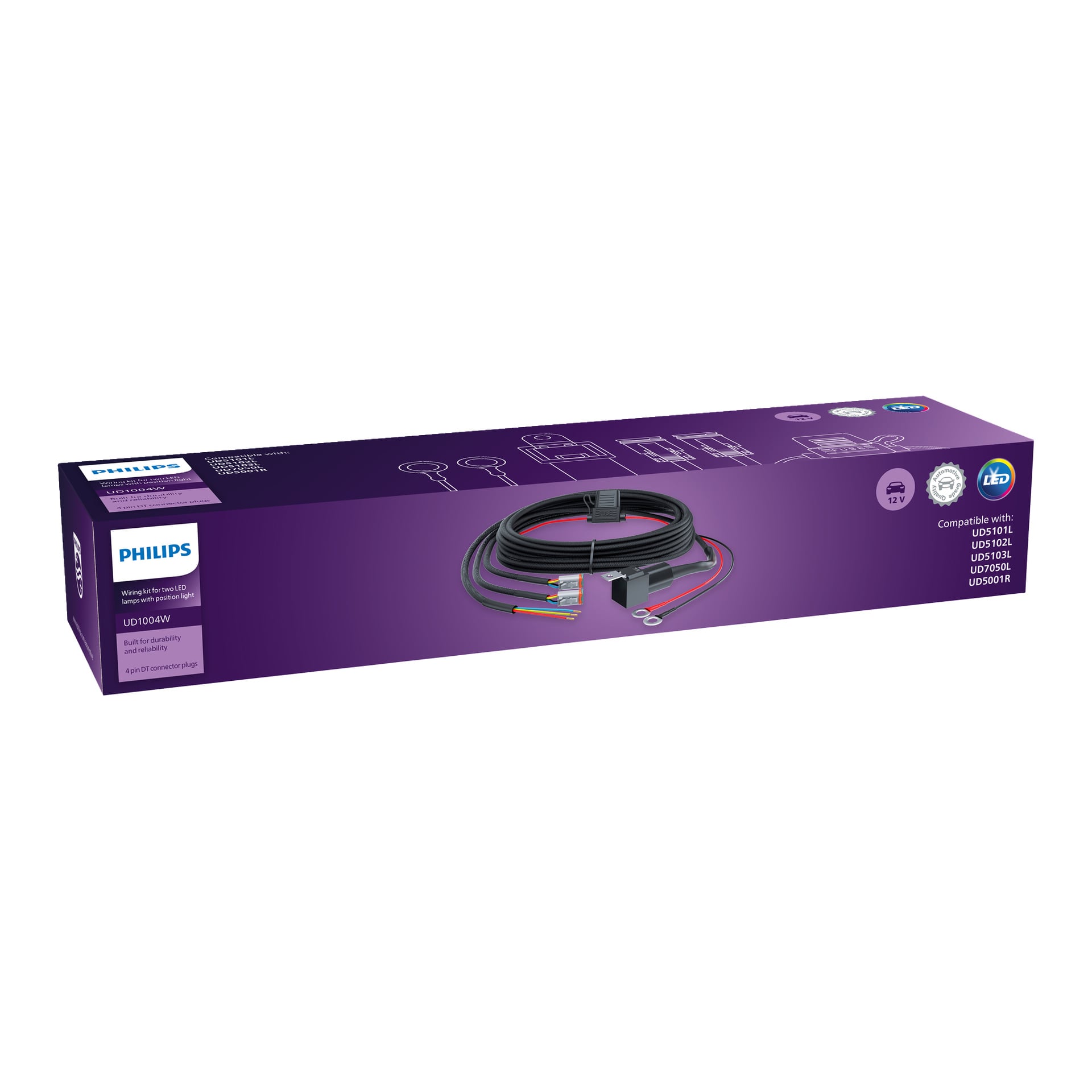 Philips DT4-kabelsett LUMUD1004WX1 i lilla eskeemballasje viser ledningssettet med ulike fargekodede ledninger og kontakter.