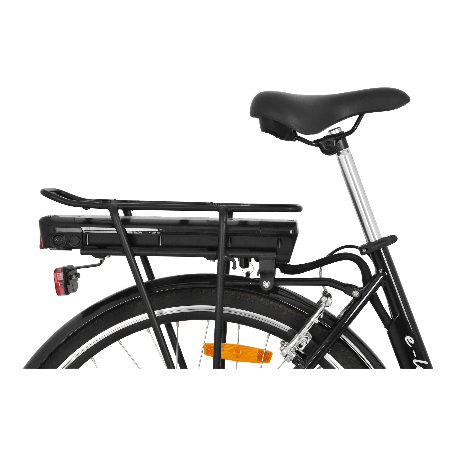 Detaljbild av Kayoba E-legance elcykels bakdel, med sätet, batteripaketet, bakskärmen, reflektoren och ramsektionen.