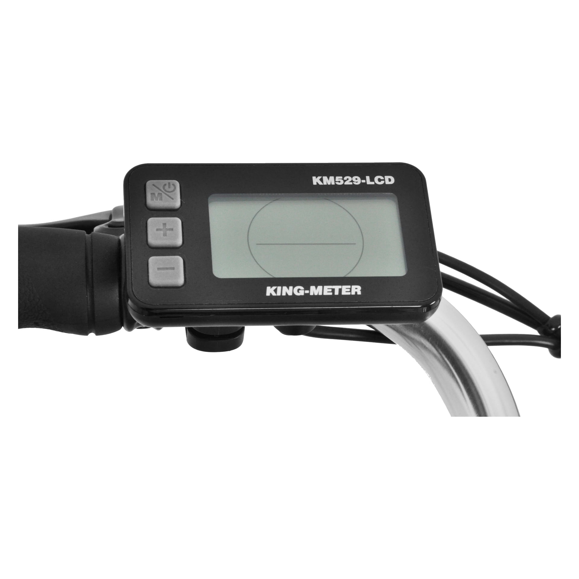Närbild av en Kayoba E-legance-cykels KING-METER KM529-LCD-styrdisplay med tre knappar och skärmen avstängd.