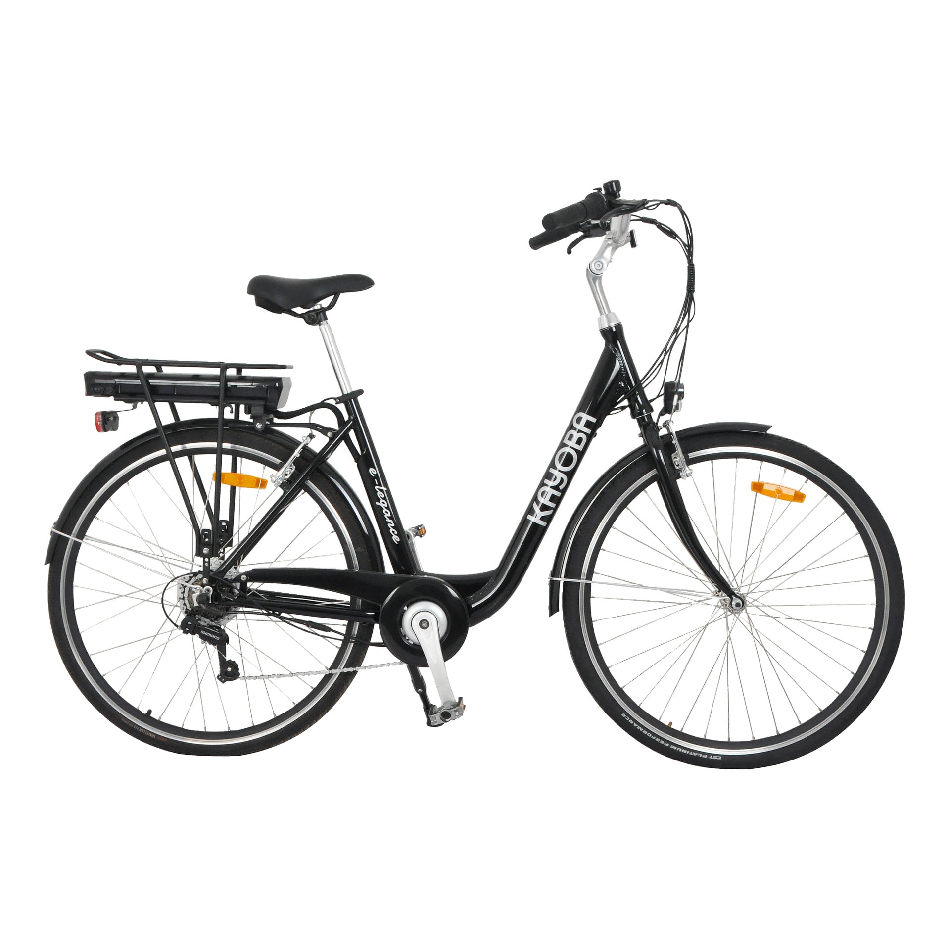 Kayoba E-legance är en svart stads-elcykel med step-through-ram, bakre paketbatteri, upprätt styr och skärmar.