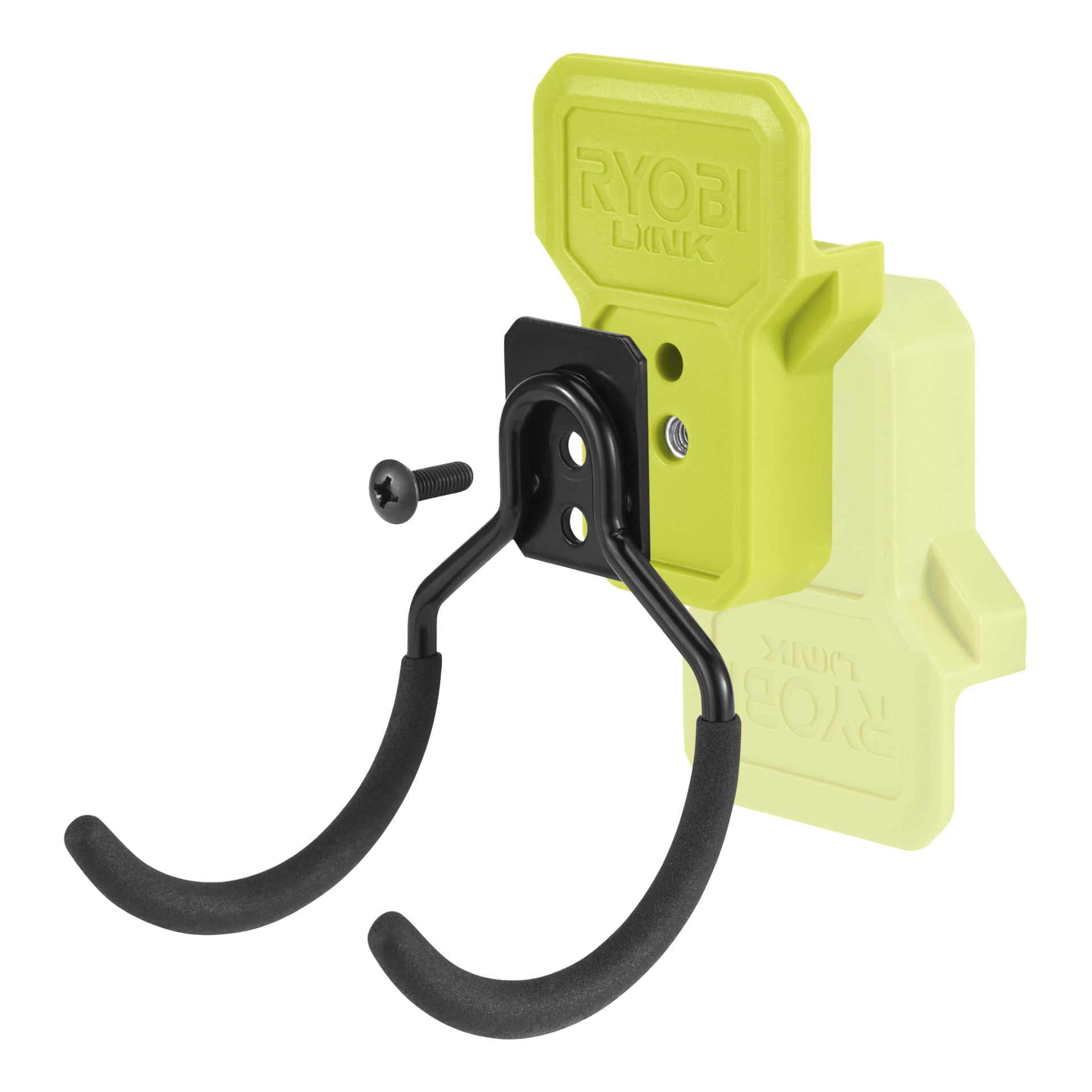 Ryobi Tool Hook LINK RSLW816 med gult fäste, svart dubbelkrok och enkel skruv, designad för att hålla verktyg eller utrustning.