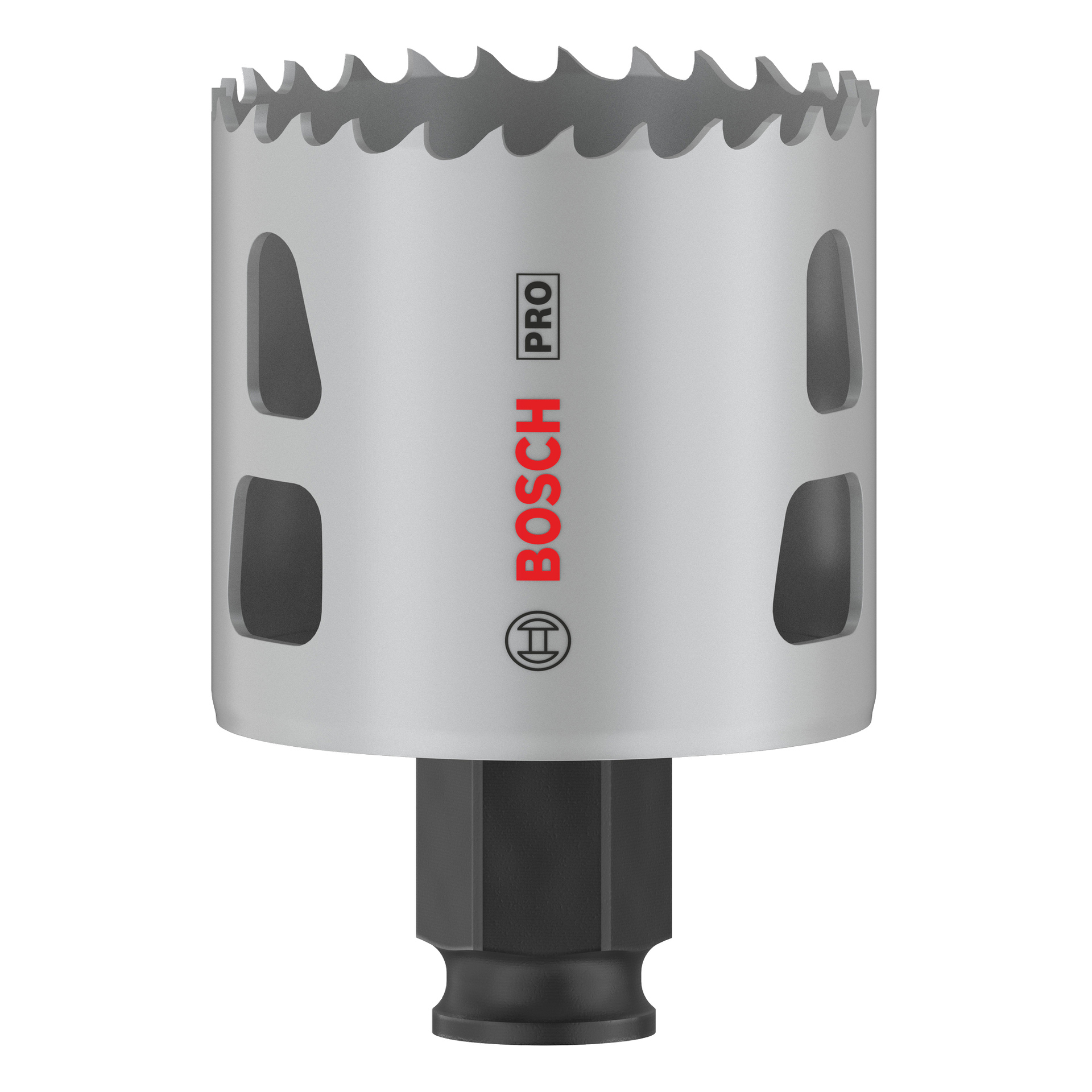 Bosch Pro Hole Saw BIM Power Change, jossa on hopeinen runko, sahalaitainen reuna, mustat sivutuulettimet, kuusiokolopohja ja punamustat Bosch-logot.