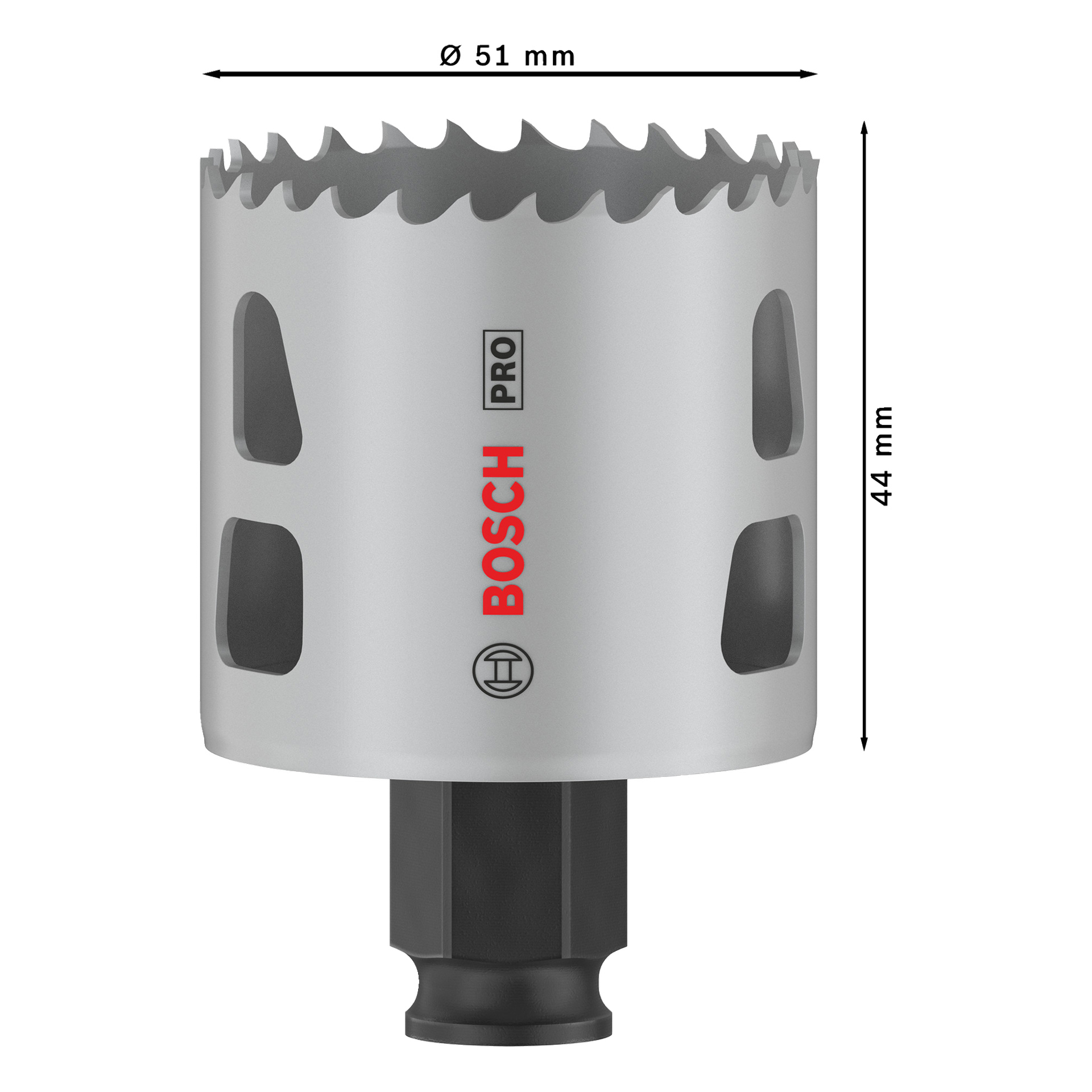 Bosch Pro Hole Saw BIM Power Change, 51 mm leveä ja 44 mm korkea, pystyasennossa, terävillä hampailla, tuuletusaukoilla ja mittaviivoilla.