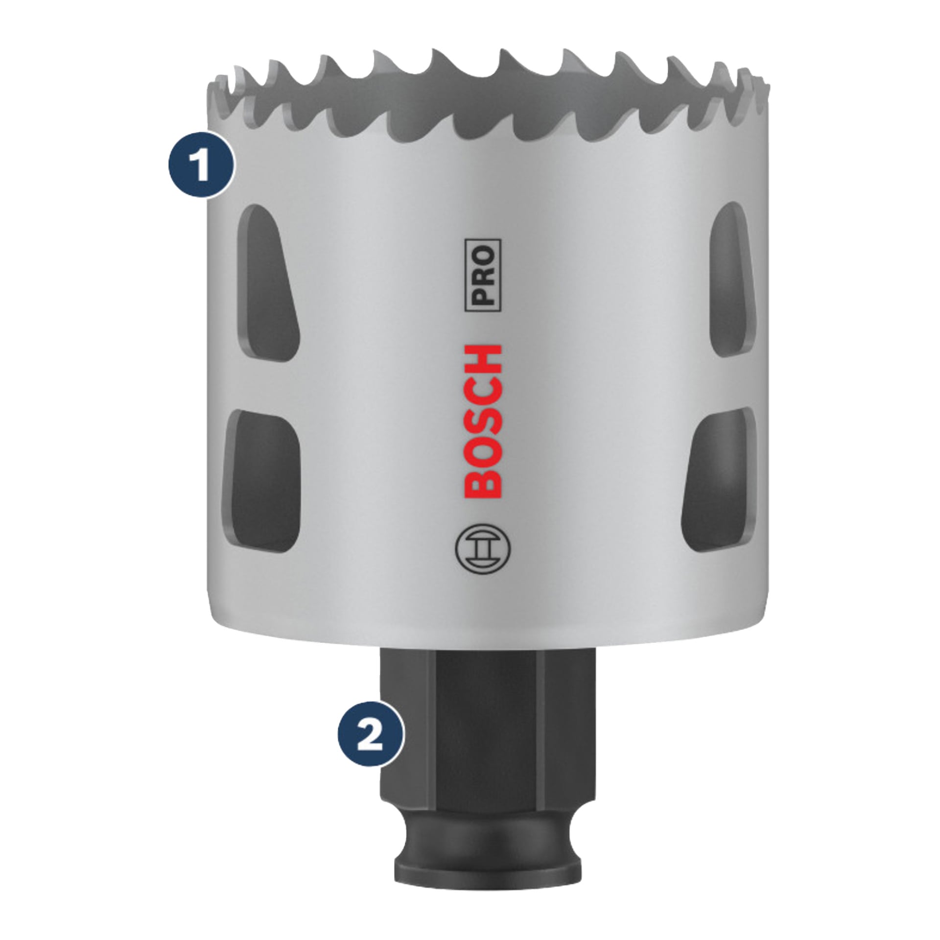 En silverfärgad Bosch Pro-hålsåg med vassa tänder på toppen, sidospår och en svart hexagonal kontakt vid basen.