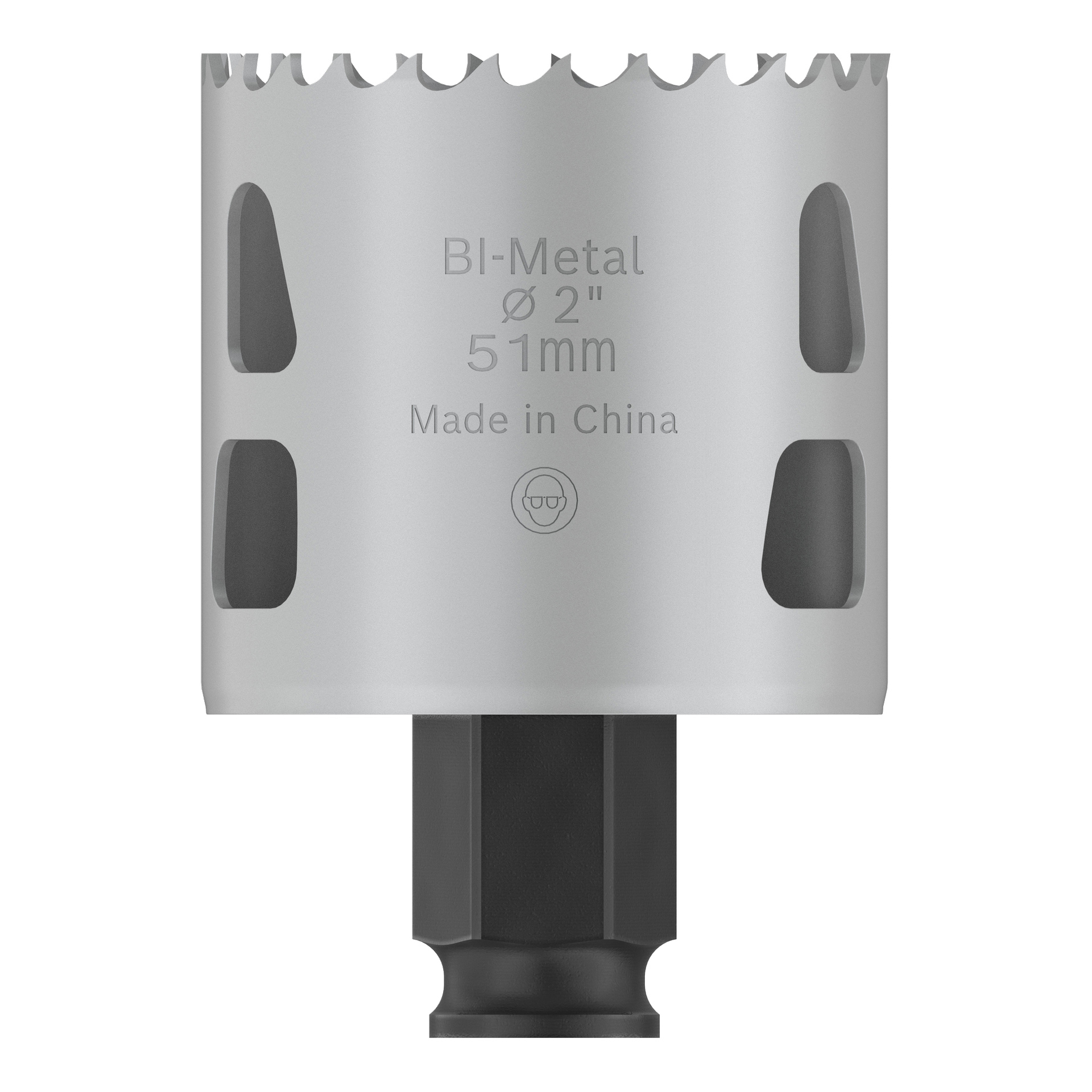Bosch Pro Hole -sahaa BIM Power Change -terävillä hampailla, sivullaan "Bi-Metal Ø" 51mm Made in China, on hopeisessa sylinterimäisessä rungossa aukot ja musta kiinnitysalusta.