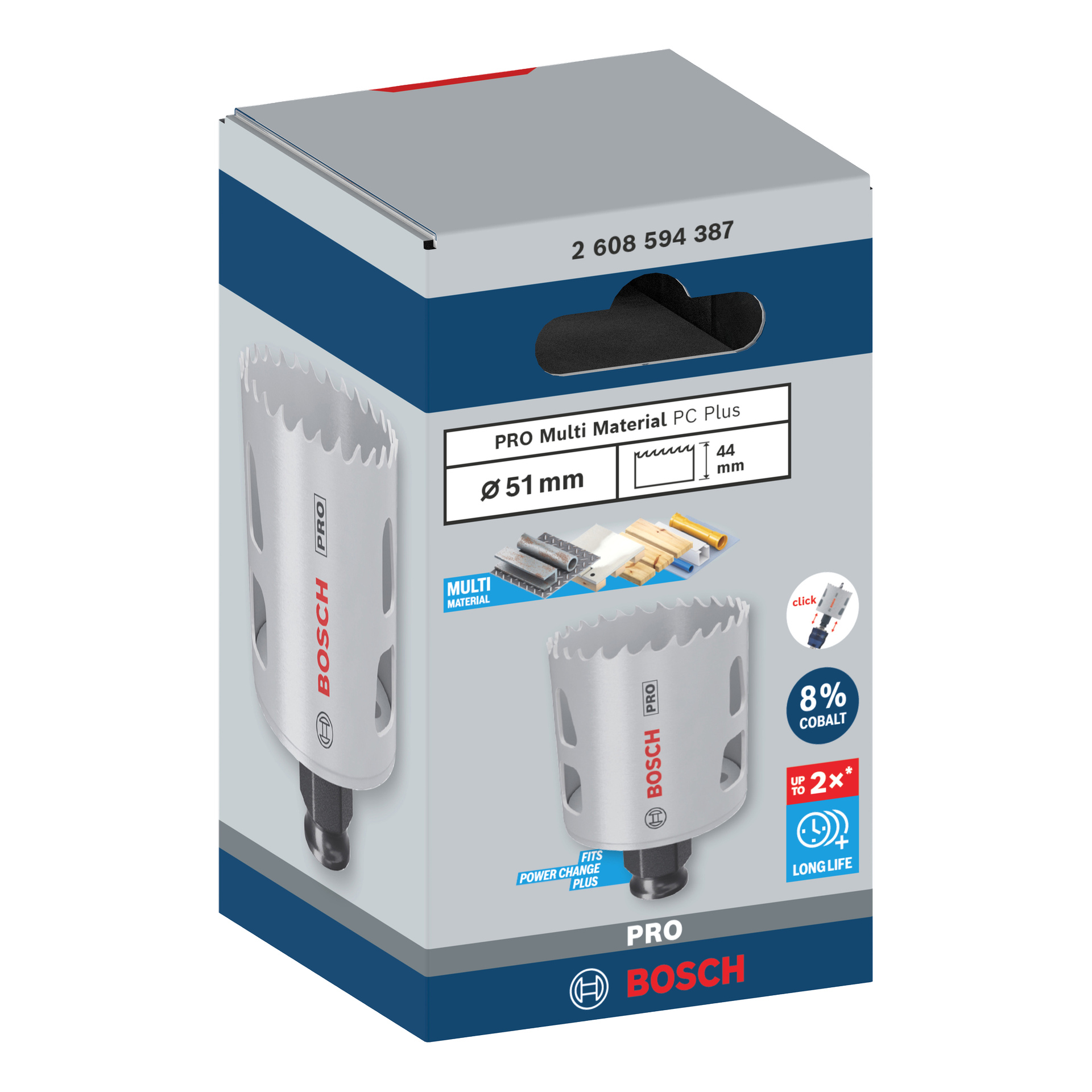 Bosch Pro Hole Saw BIM Power Change -laatikko näyttää sahan, 51 mm koon, 8 % kobolttia sekä ikonit monimateriaalin käyttöön ja kestävyyteen.