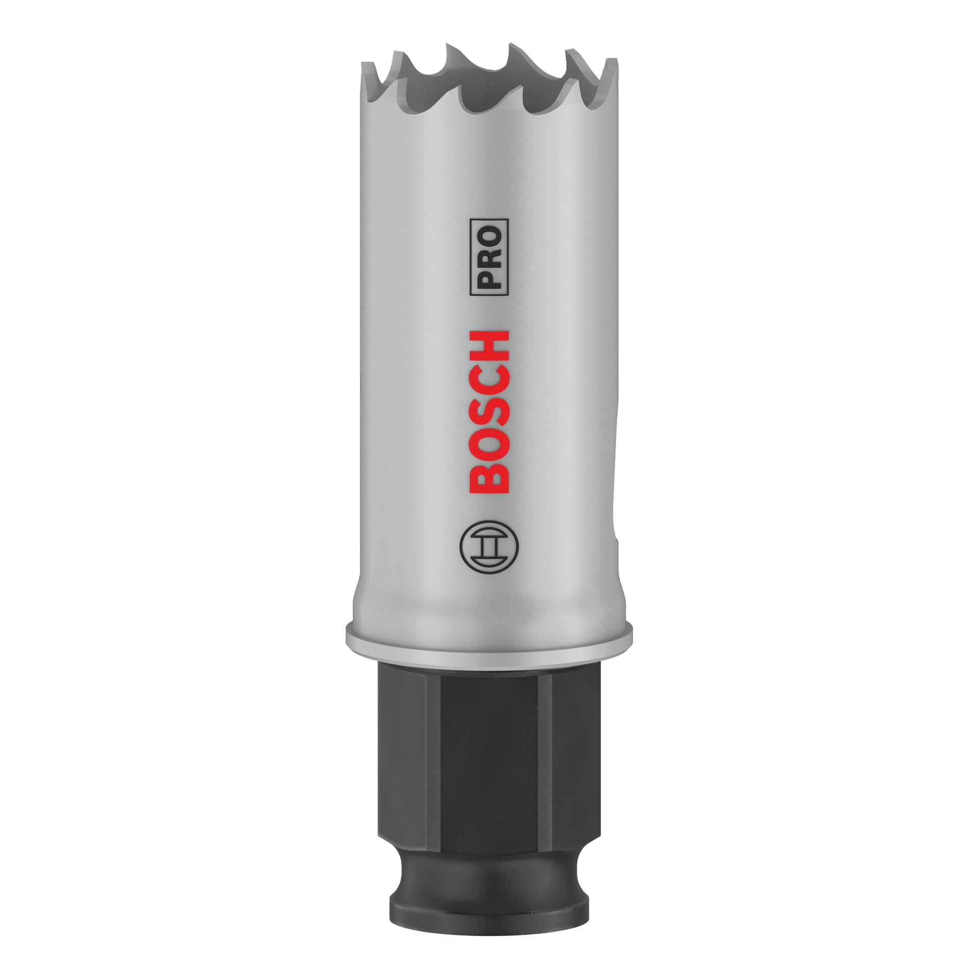 Lähikuva Bosch Pro Hole Saw BIM Power Change -mallista, jossa näkyy sen sylinterimäinen runko, sahalaitainen reuna, kuusiokolopohja, logo ja metallimerkinnät.
