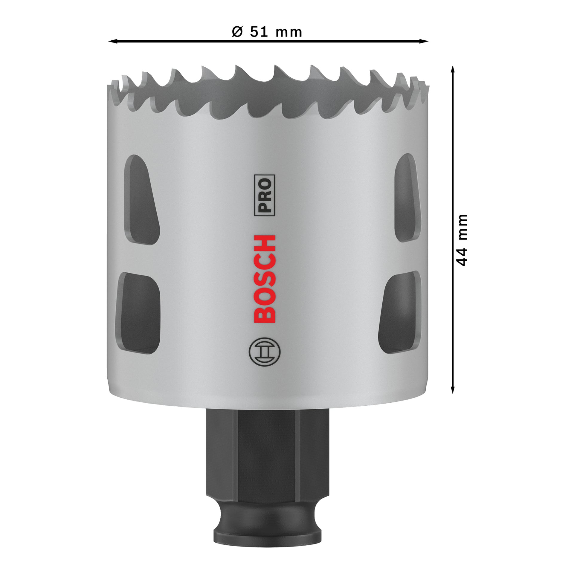 Bosch Pro Hole -saha BIM Power Change -sahalaitteella, sahalaitaisella reunalla, "Ø 51 mm" halkaisijalla, "44 mm" korkeudella, sivuurilla, kuusikulmapohjalla.