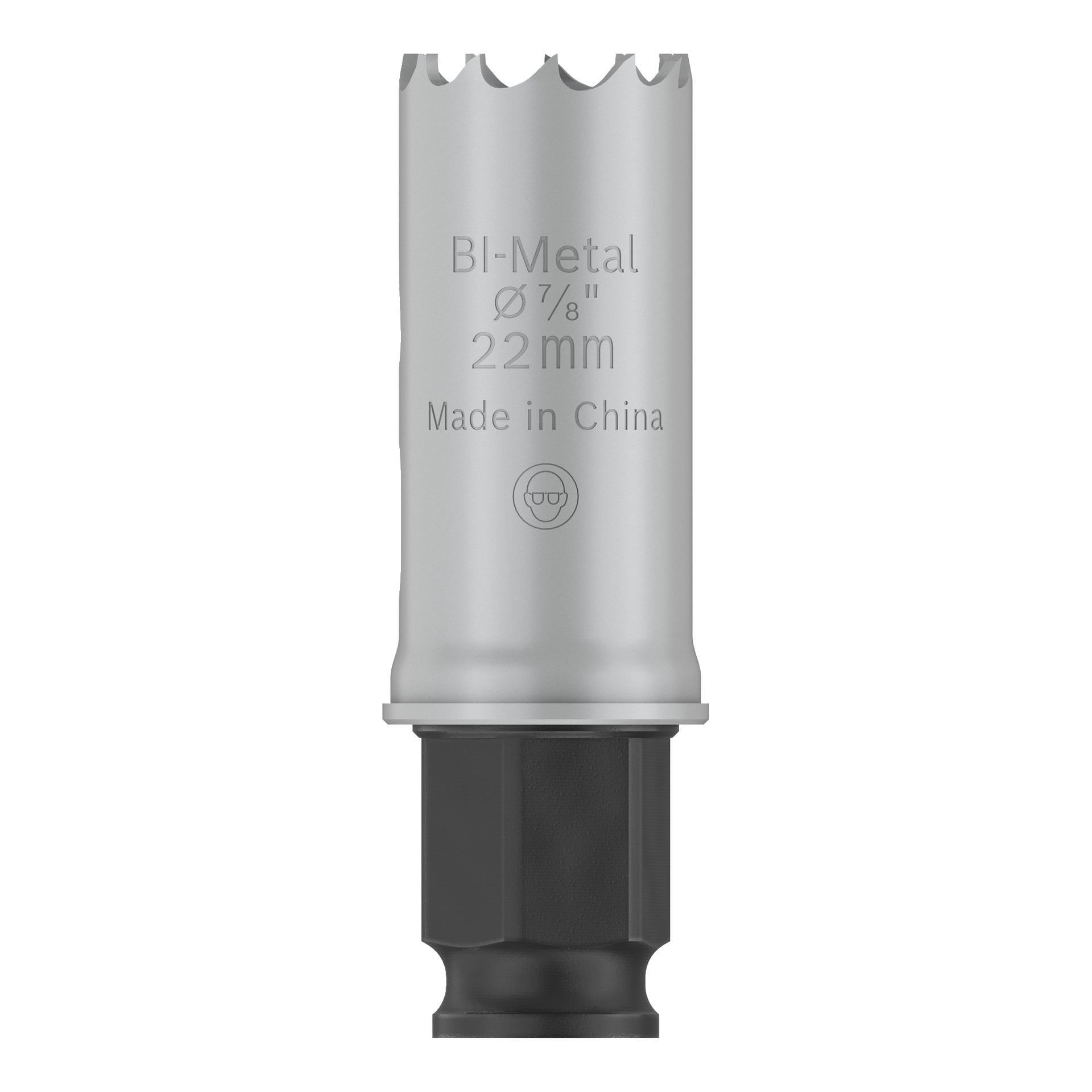 Bosch Pro Hole -sahaa BIM Power Change, hopeinen bi-metalli, sahalaitaiset hampaat, merkitty Ø 7/8 tuumaa. 22 mm, valmistettu Kiinassa mustalla pohjalla.