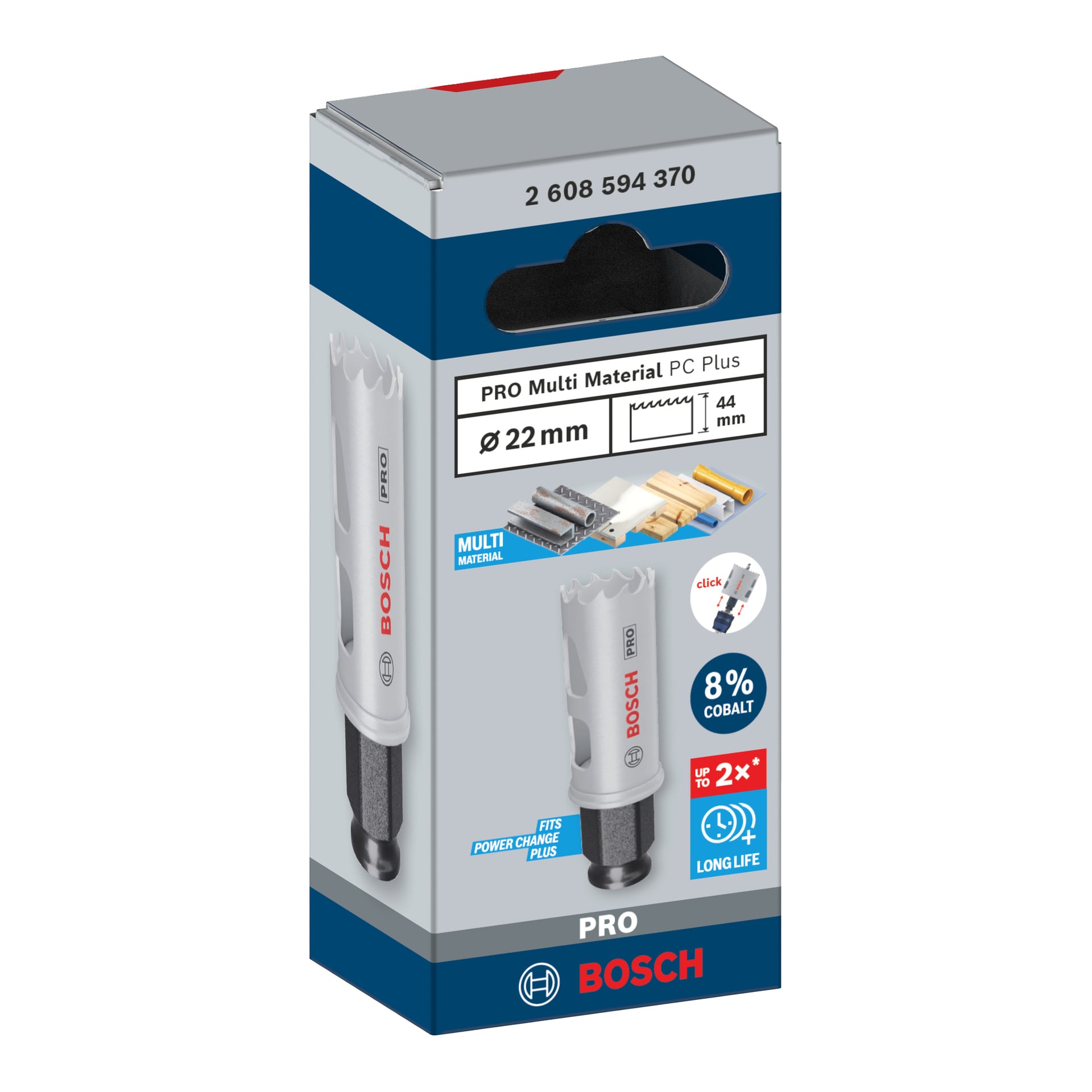 Bosch Pro Hole Saw BIM Power Change, 22mm x 44mm, laatikossa tuotekuvan kanssa. Korostaa 8% kobolttia ja sopii Power Change Plus -tyyliin.
