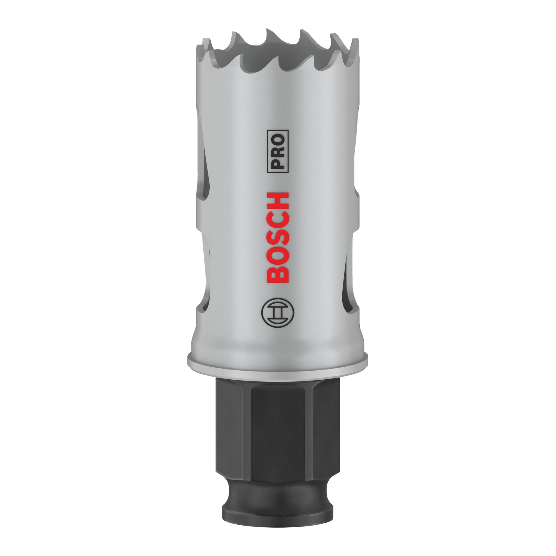 En silverfärgad Bosch Pro Hole-såg med taggiga tänder, en svart hex-skaft och Bosch Pro-märkning i rött och svart på sidan.