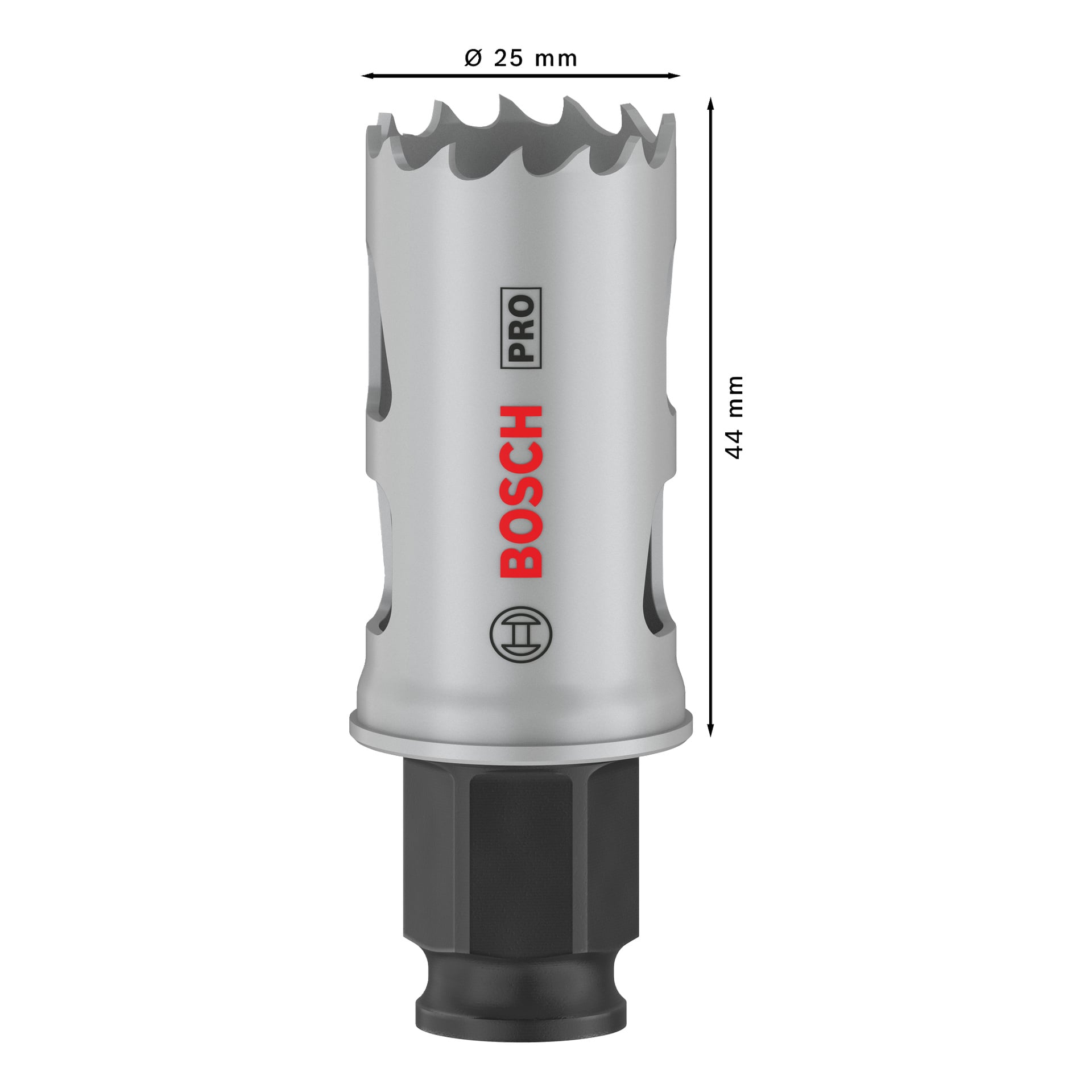 Bosch Pro Hole såg BIM Power Change, 25 mm diameter, 44 mm höjd, taggiga tänder, sexkantad bas för borrfäste.