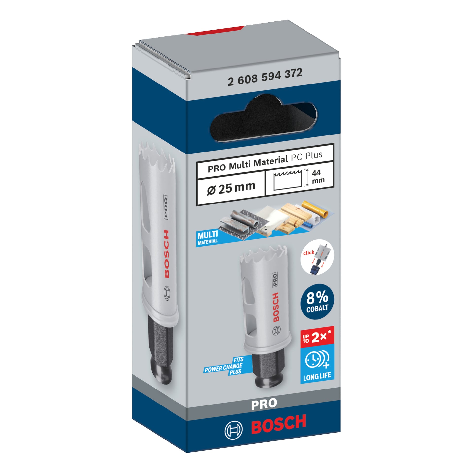 Låda med Bosch Pro Hole Saw BIM Power Change, 25 mm. Förpackningsframhävningar, användning av flera material, 8 % kobolt och snabbbytesfunktion.