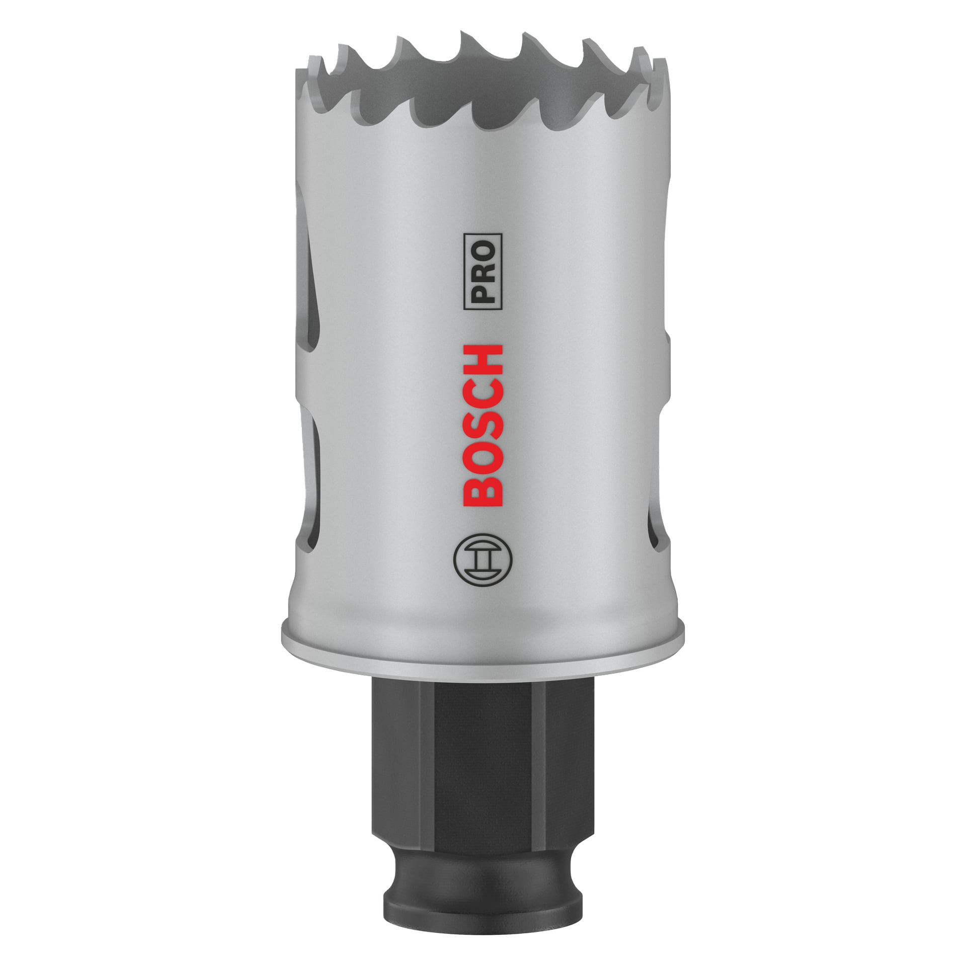 En sølvfarget Bosch Pro Hole-sag BIM Power Change har taggete tenner, ventilasjonsspor og en sekskantet skaft, vist vertikalt.