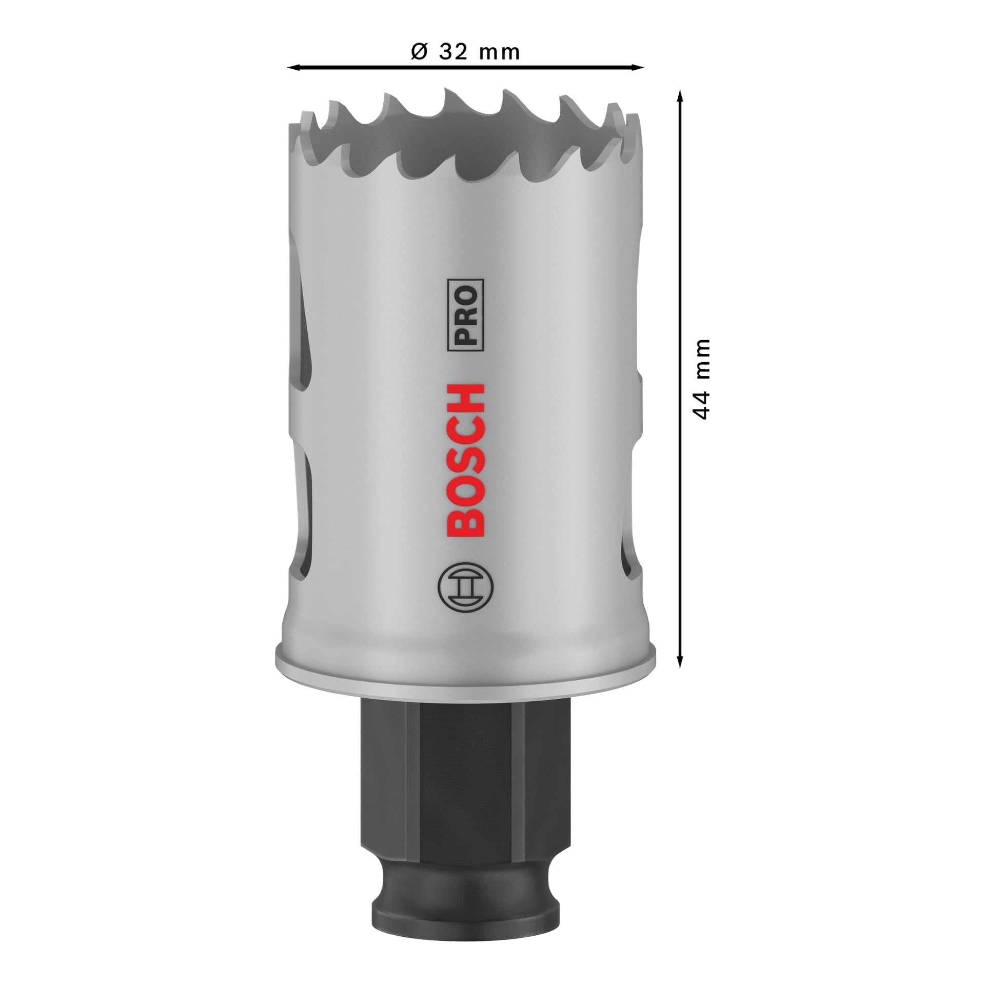Sølvfarget Bosch Pro Hole-sag med taggete tenner, 32 mm diameter, 44 mm høy, svart sekskantskaft; rød Bosch-logo vises på siden.