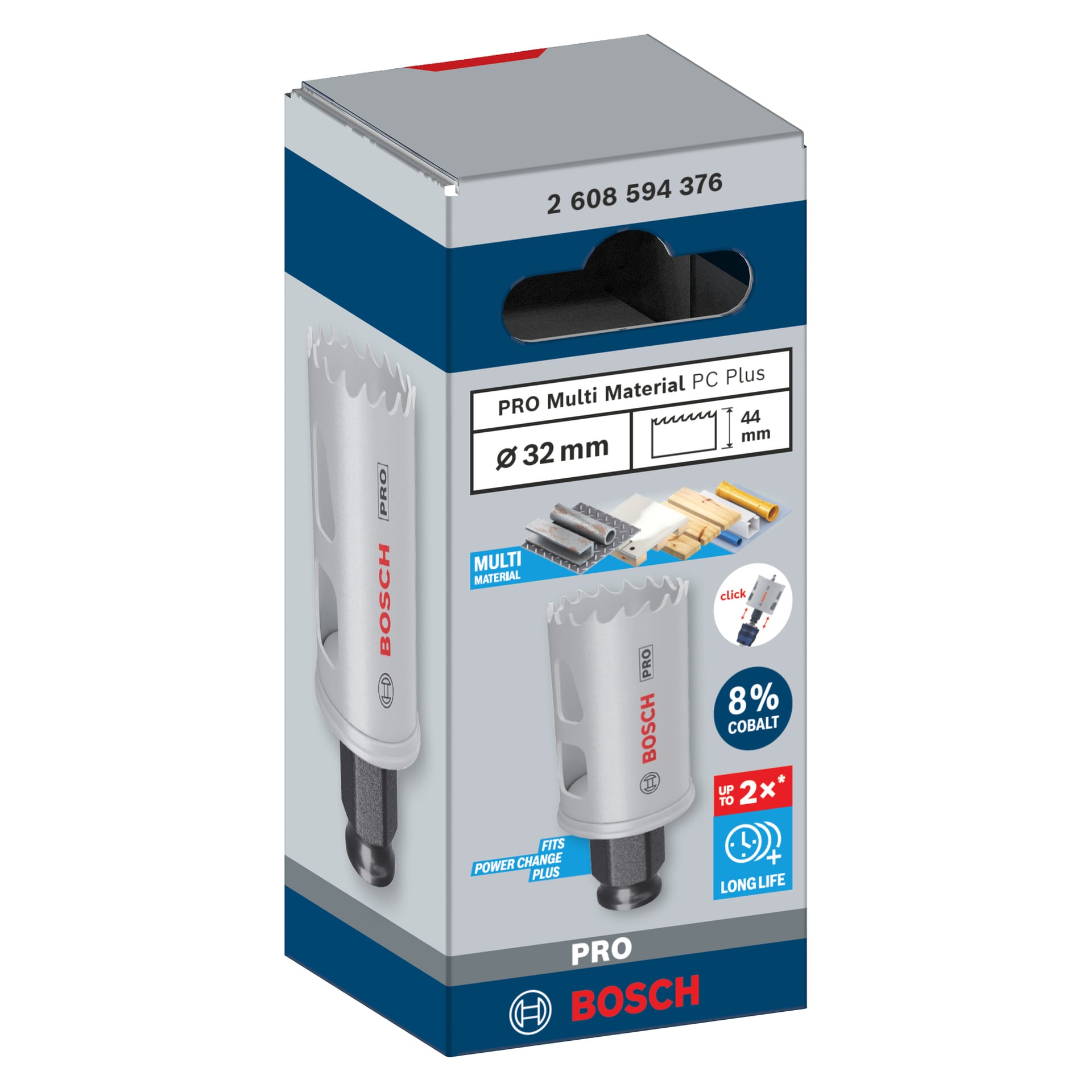 Bosch Pro Hole Saw BIM Power Change-boks, 32 mm, viser produktbilde, ikoner for materialbruk, 8 % kobolt, langvarige krav.