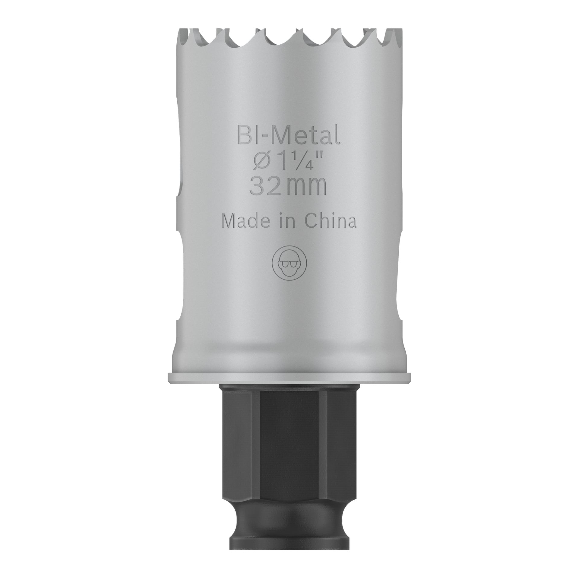 Bosch Pro Hole Saw BIM Power Change, sølvfarget bimetall, 32 mm diameter, sekskantbase, taggete tenner; merket Made in China.