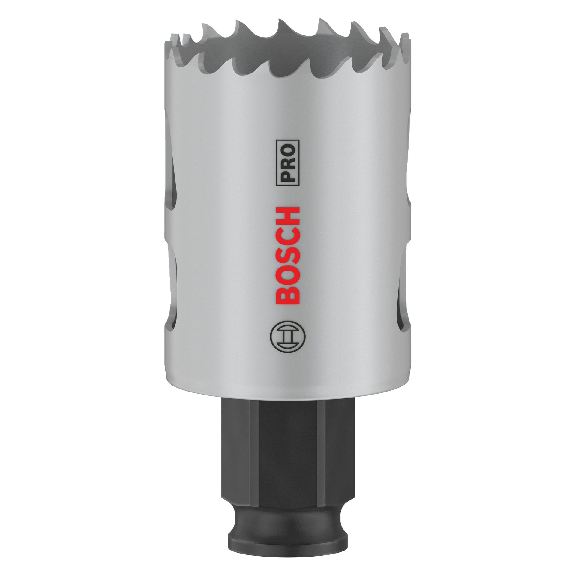En silverfärgad Bosch Pro Hole-såg med taggiga tänder upptill, sexkantig skaft nedanför och synlig Bosch-logga samt produktmärkningar på sidan.