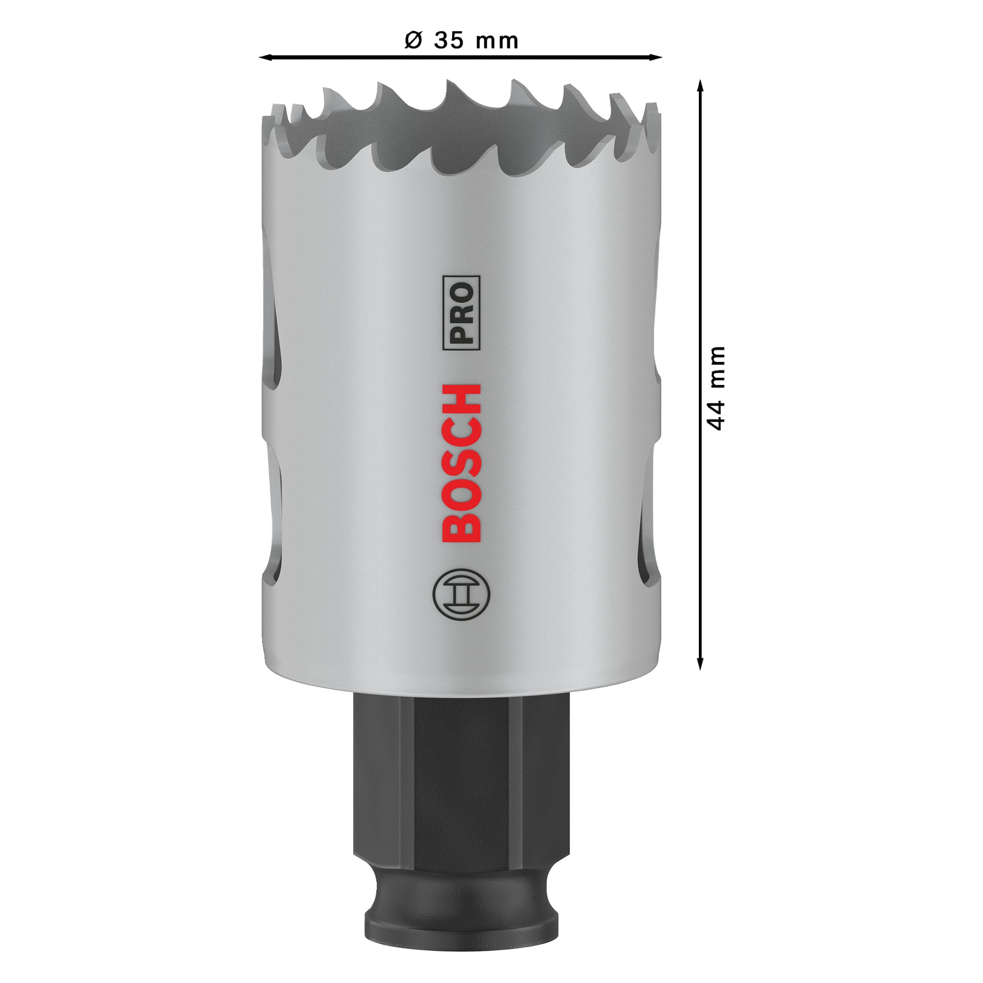 Bosch Pro Hole såg BIM Power Change, 35 mm i diameter, 44 mm höjd, med vassa tänder och sexkant, visas stående upprätt.