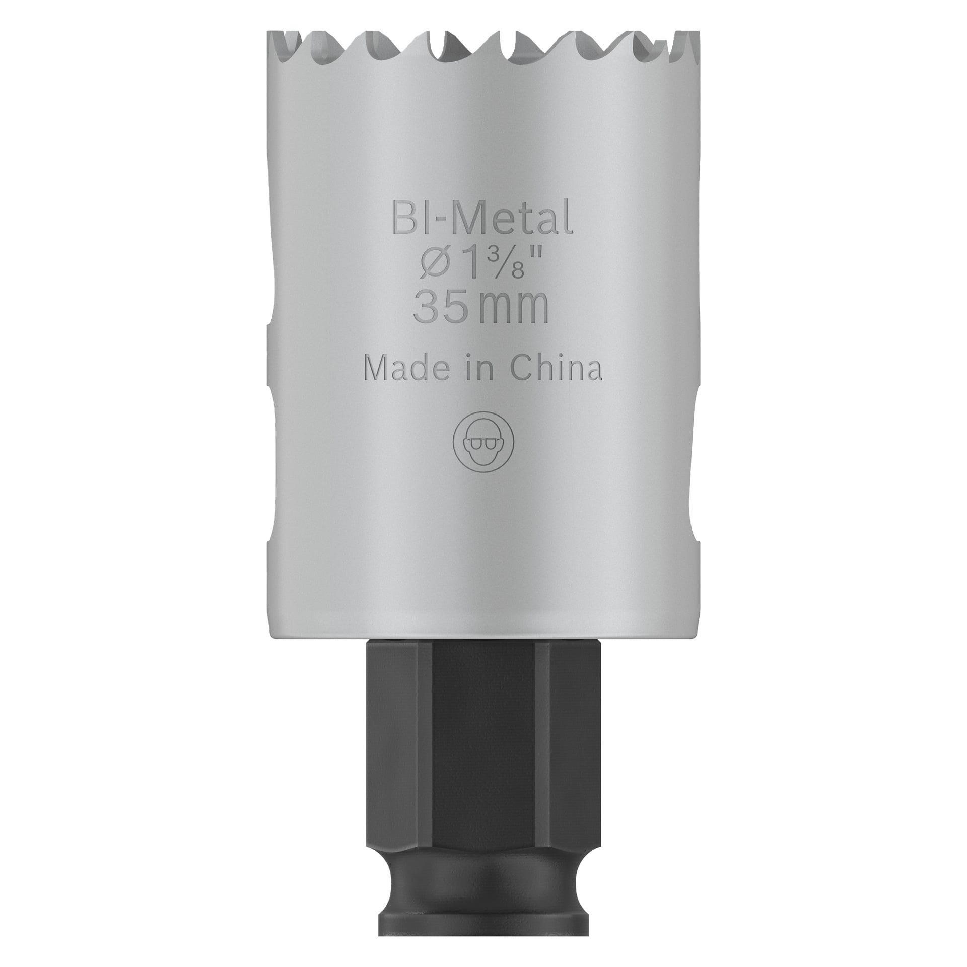 Närbild på en Bosch Pro Hole såg BIM Power Change, med "BI-Metal, Ø 1 3/8, 35 mm, Made in China" och en liten ikon på dess silvercylindriska kropp med svart bas.