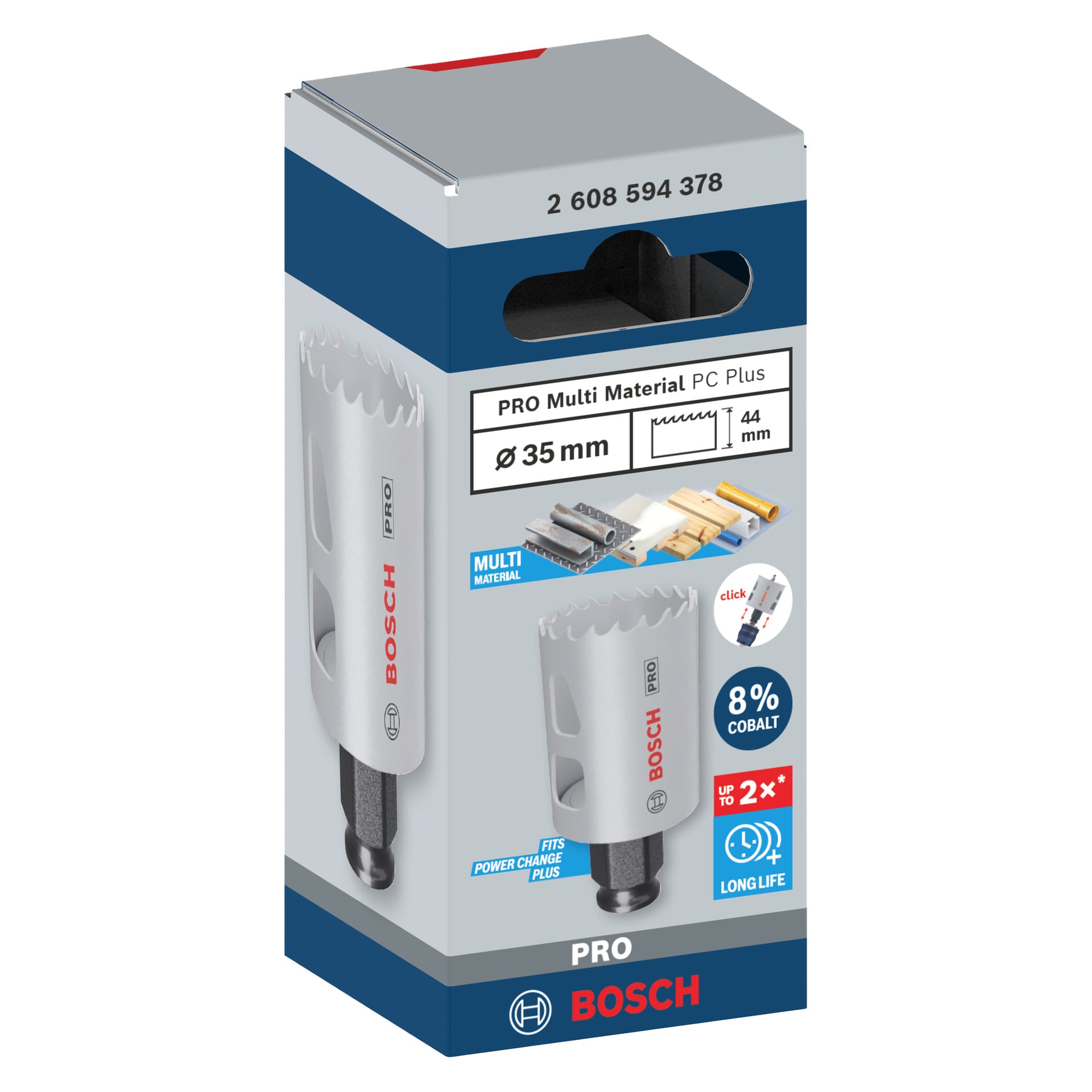 Bosch Pro Hole Saw BIM Power Change (35 mm) visas med sågen, material, 8% kobolt, Power Change Plus och lång livslängd.