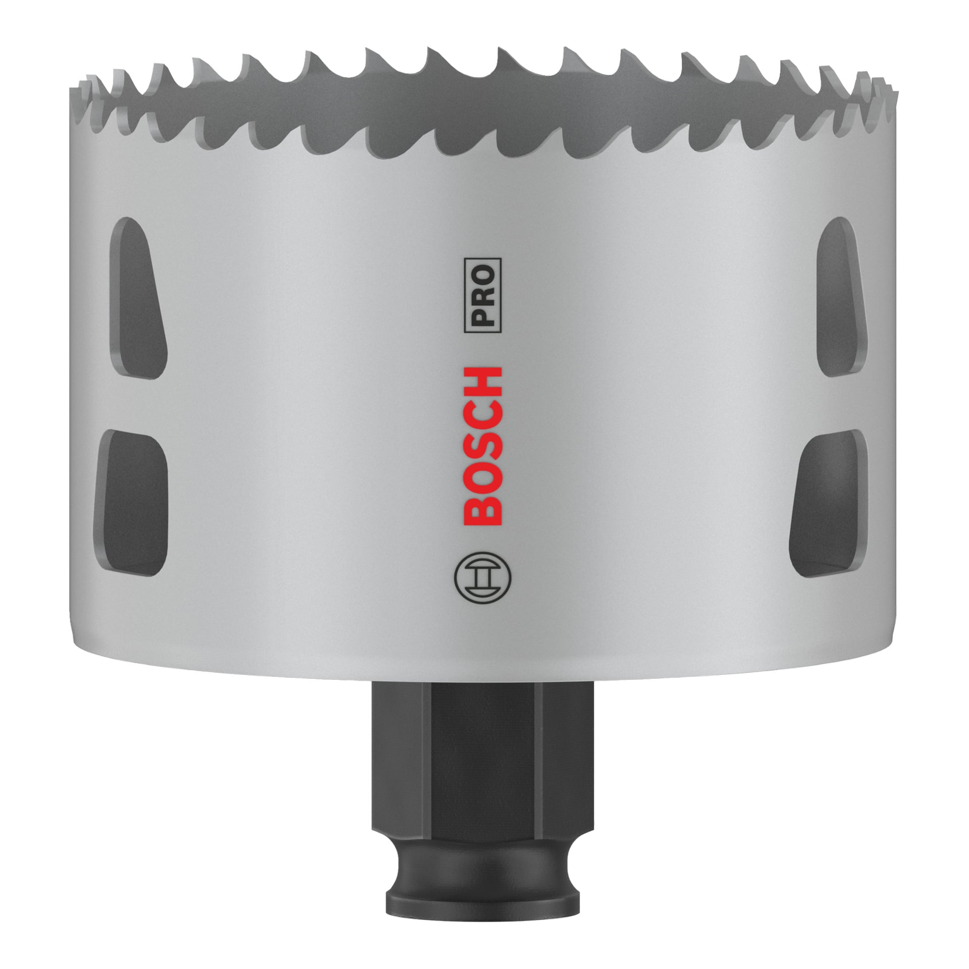 Nærbilde av Bosch Pro Hole viste BIM Power Change, med skarpe tenner, ventilasjonsspor, svart skaft og rød Bosch-logo på siden.