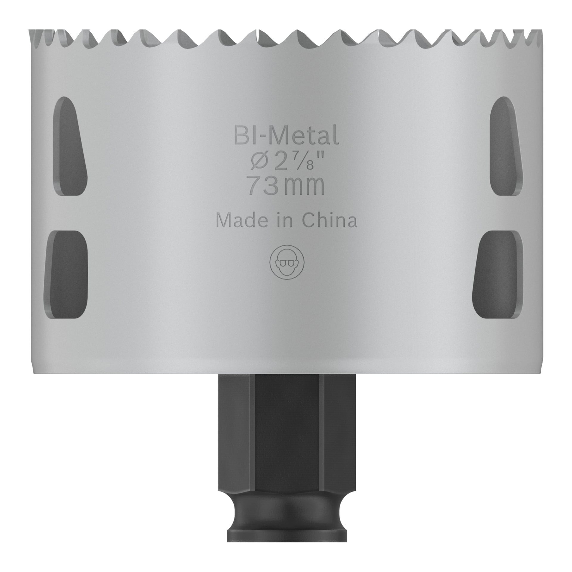 Nærbilde av en sølvfarget Bosch Pro Hole-sag med taggete kant, merket BI-Metal Ø2 7/8" 73 mm. Svart base for tilbehør til elektroverktøy.