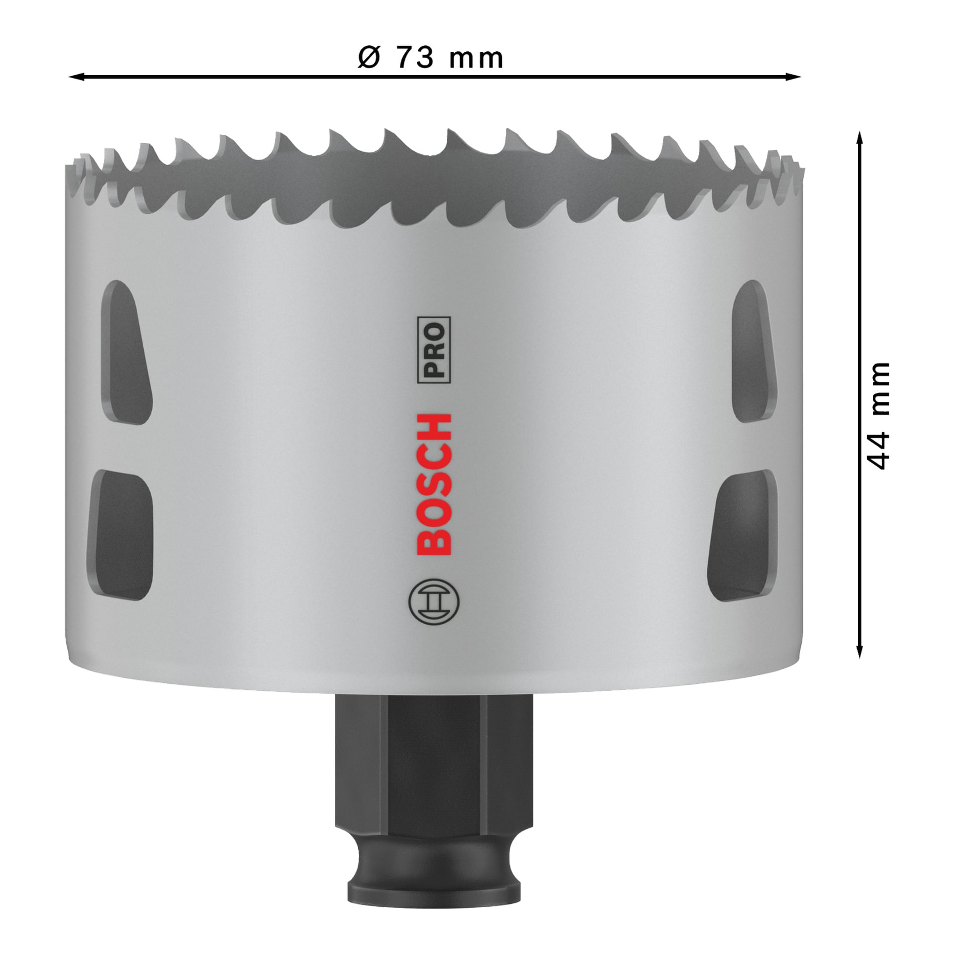 Bosch Pro Hole-sag BIM Power Change, 73 mm i diameter, 44 mm høy, oppreist med sagtakket kant, ventilasjonshull og monteringsskaft.