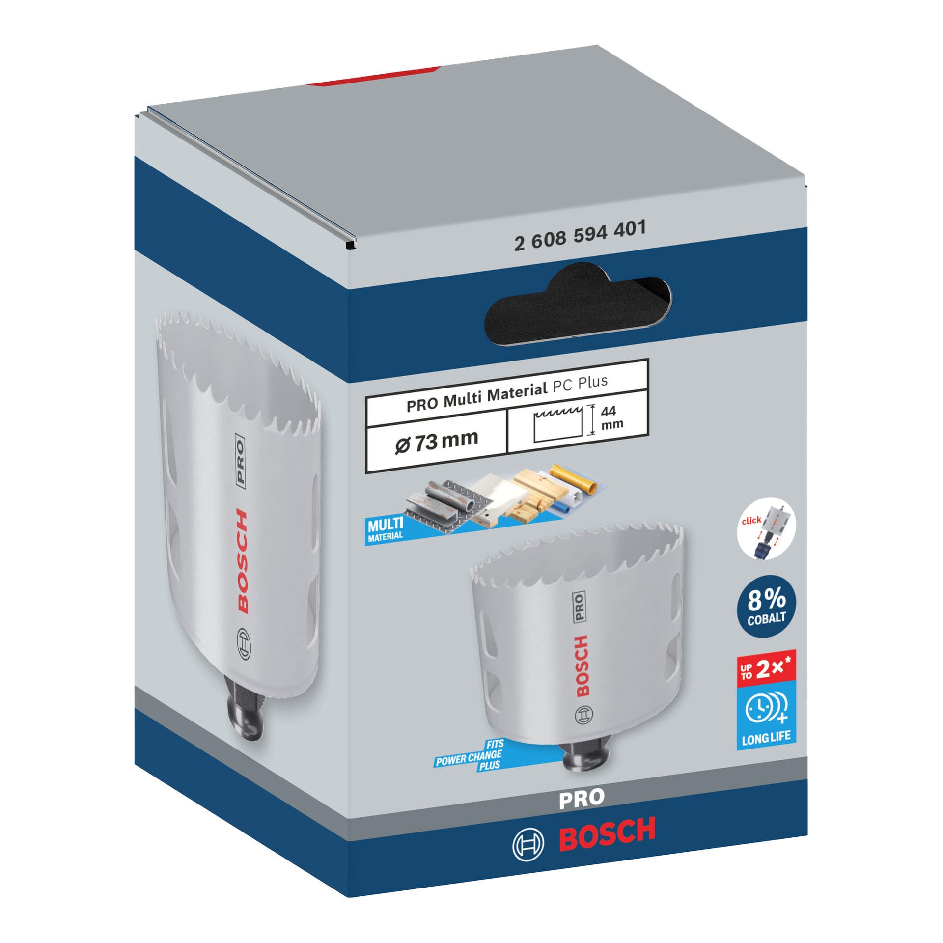Bosch Pro Hole-sag BIM-kraftendring, 73 mm. For flere materialer. Boksen noterer 8 % kobolt, forlenget levetid, Power Change Plus.