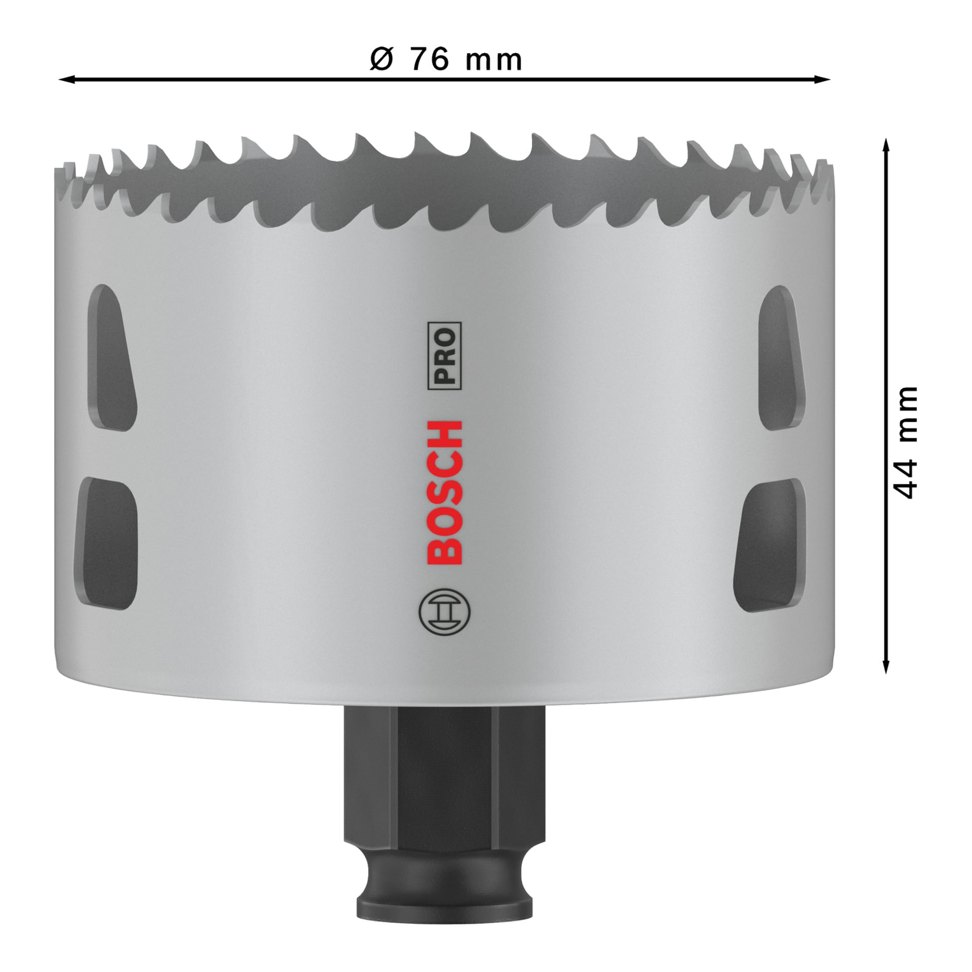 Bosch Pro Hole såg BIM Power Change, silver, med taggig kant, sex sidospår, svart bas; 76 mm i diameter, 44 mm i höjd.