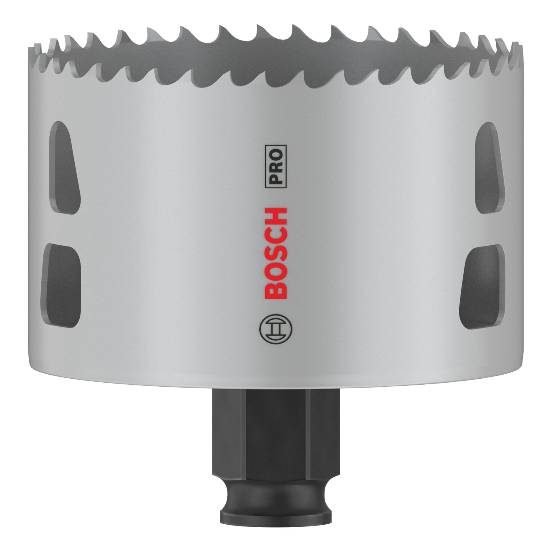 Bosch Pro Hole Saw BIM Power Change har vassa tänder, ventilationsspår, en svart sexkantad skaft och Bosch Pro-logotypen på sidan.