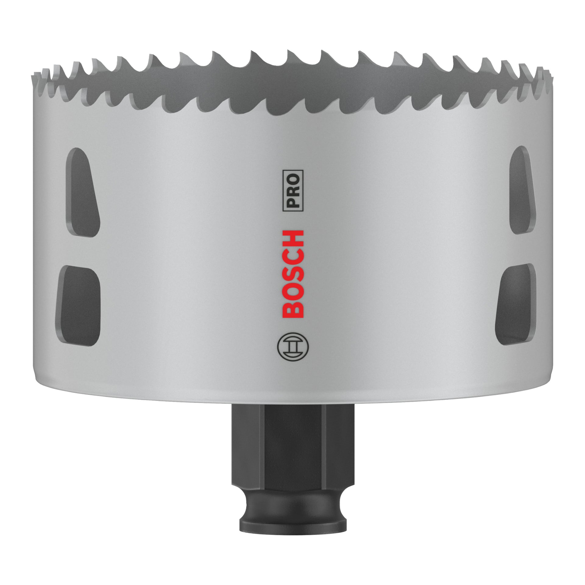 Hopeinen Bosch Pro Hole -saha, jossa oli terävät hampaat, suorakaiteen muotoiset tuuletusaukot, kuusikulmainen varsi ja punainen Bosch-logo kyljessä.