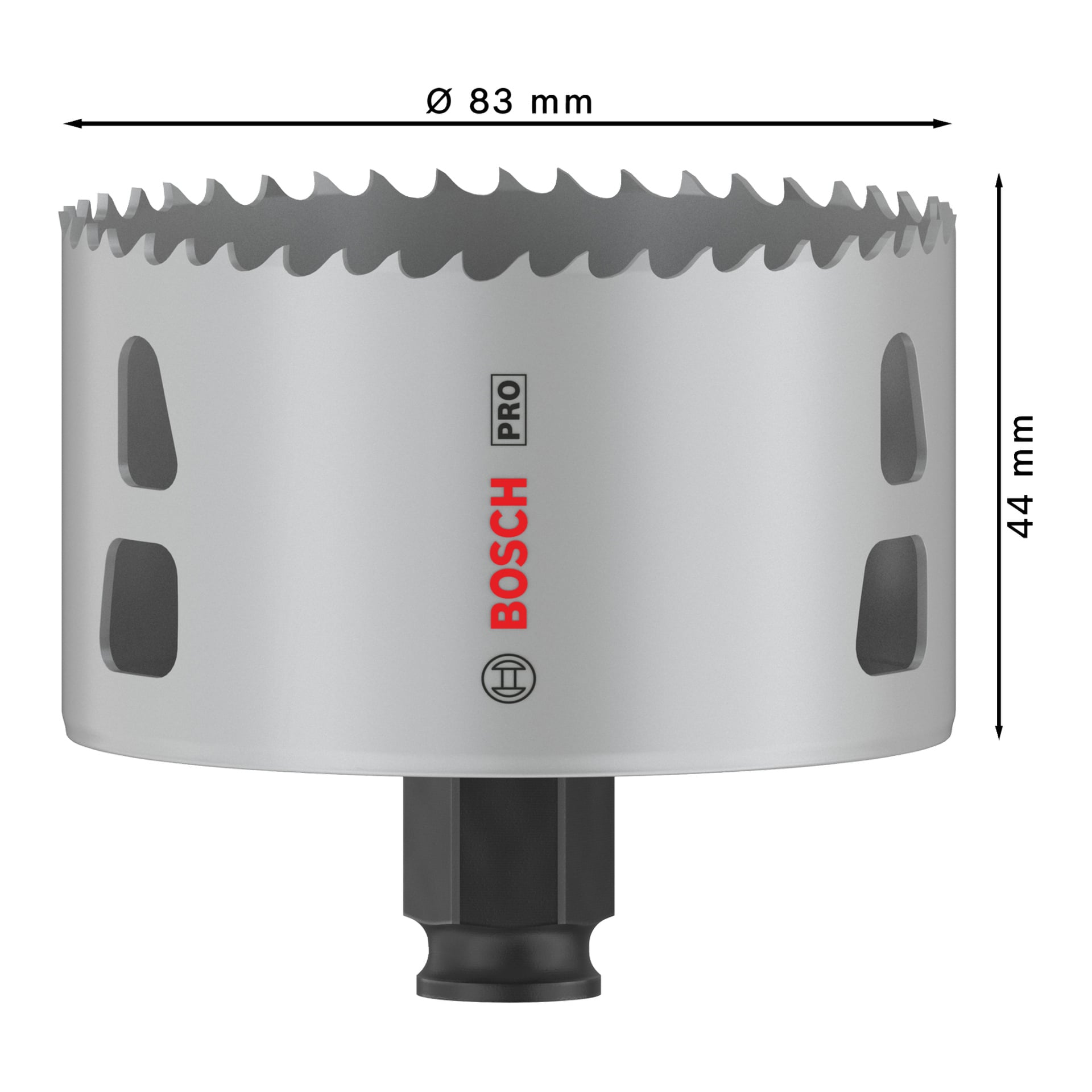 Bosch Pro Hole -saha BIM Power Change, hopea terävillä hampailla, halkaisija 83 mm, korkeus 44 mm, tuuletusaukot, kuusiokuusiovarsi kiinnitystä varten.