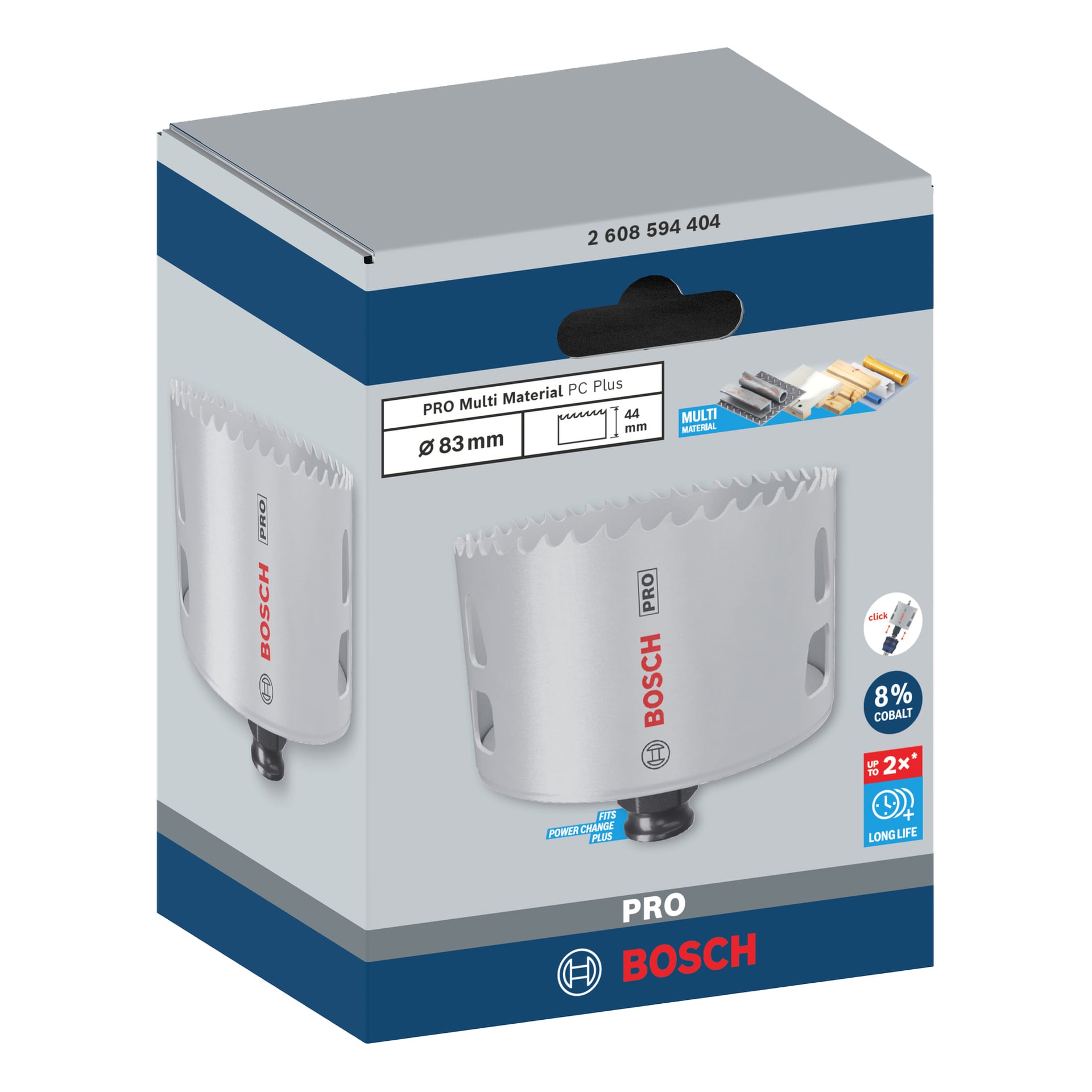 Bosch Pro Hole Saw BIM Power Change (83 mm) vähittäismyyntilaatikko, jossa on tuotekuva, Bosch-brändäys sekä kuvakkeet ominaisuuksista ja teknisistä ominaisuuksista.