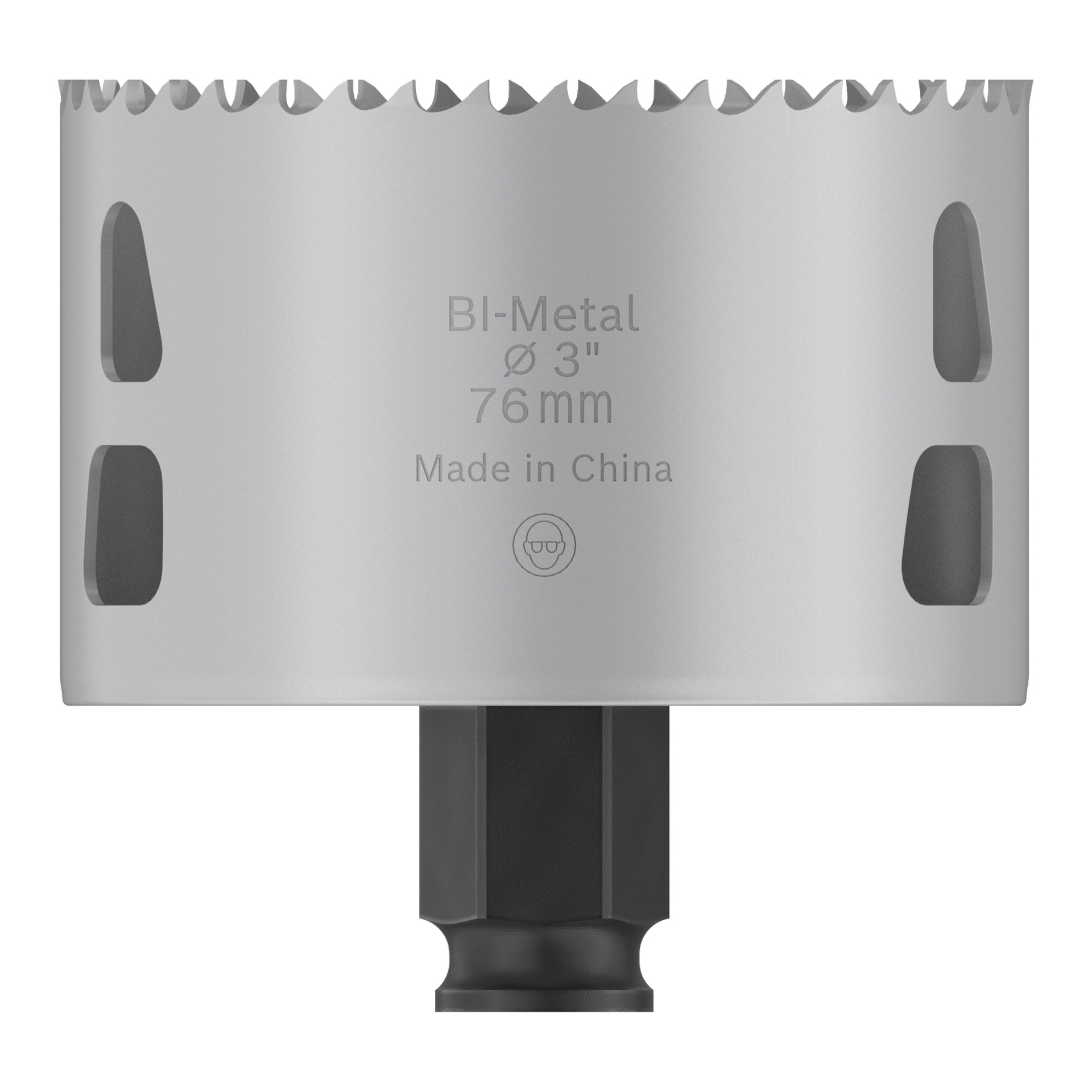 Bosch Pro Hole Saw BIM Power Change är en silverfärgad, cylindrisk 3-tums bimetallsåg med vassa tänder, sidoutskärningar och graverad "Made in China".