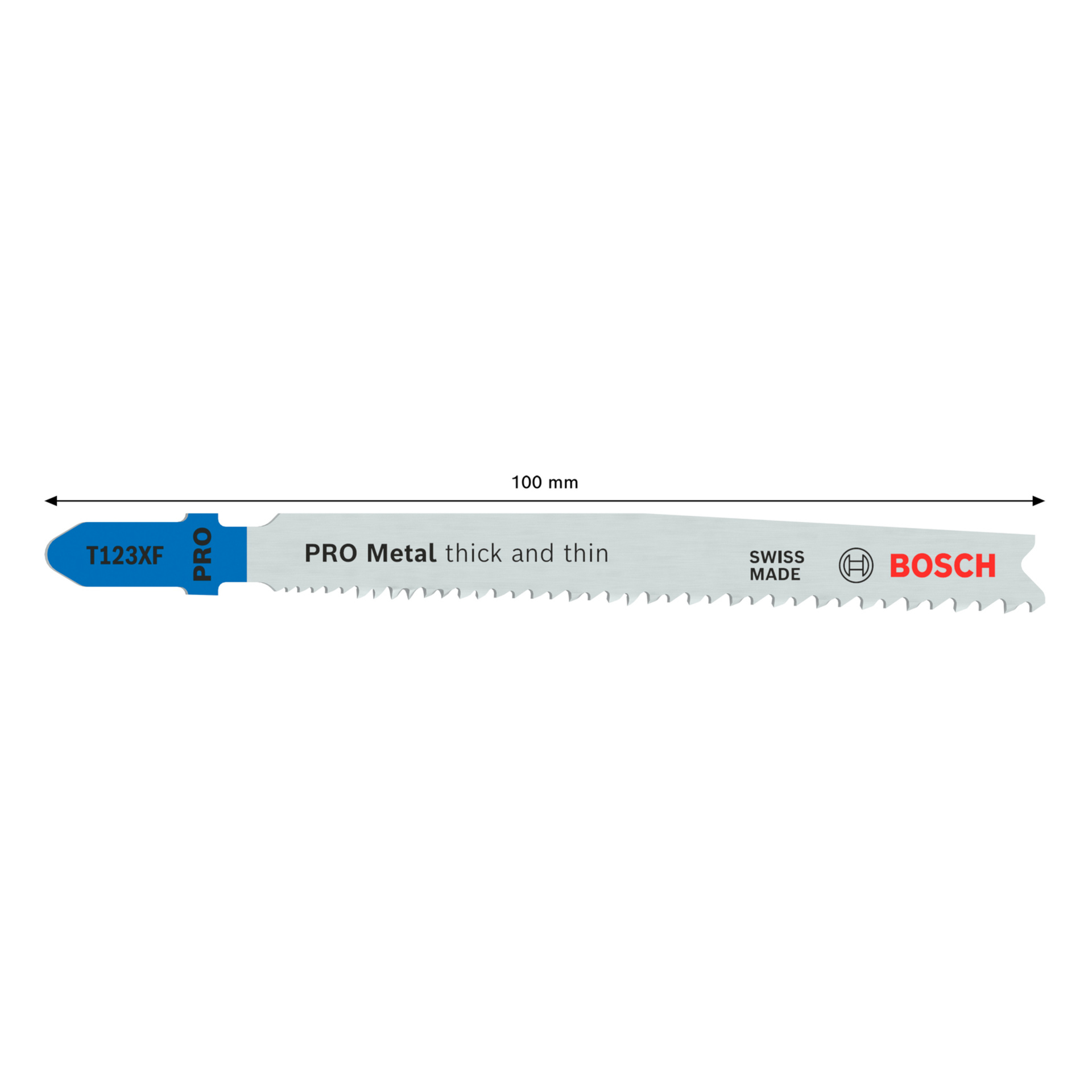 Bosch Pro Jigsaw T123XF PRO metallblad, 2-pack, 100 mm tandad för tjock/tunn metall; paketet visar "Swiss made".