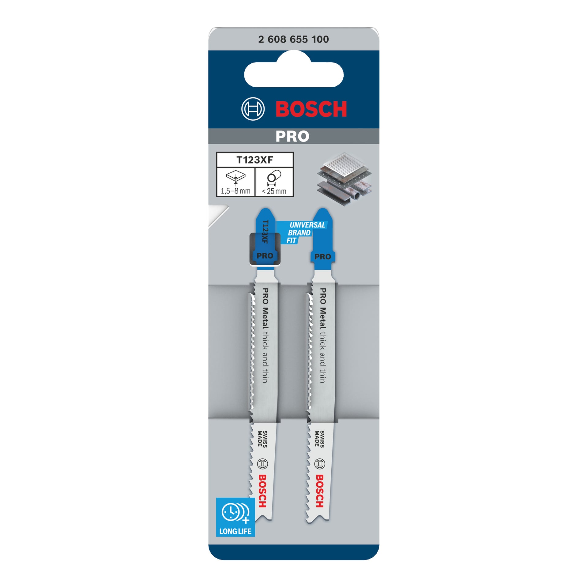Bosch Pro Jigsaw blade T123XF PRO Metal 2 pack i förpackningen, rymmer 1,5–8 mm metall och rör under 25 mm, med ikoner för hållbarhet och universell användning.