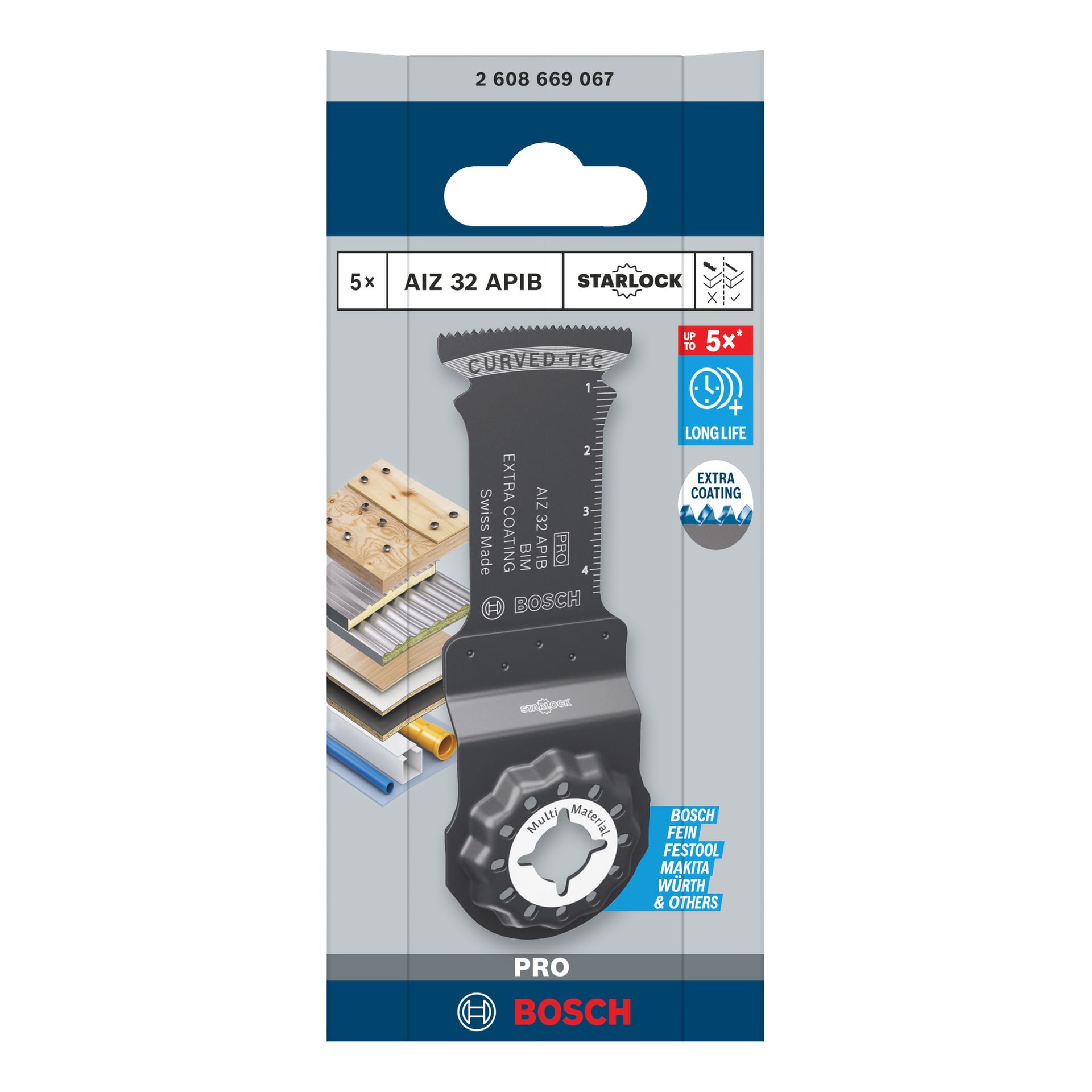 Bosch Pro Saw-bladet AIZ32APIB 5-pakning viser blader, ikoner for kompatibilitet, og fremhever buet-tec, ekstra belegg, bruk i flere materialer.