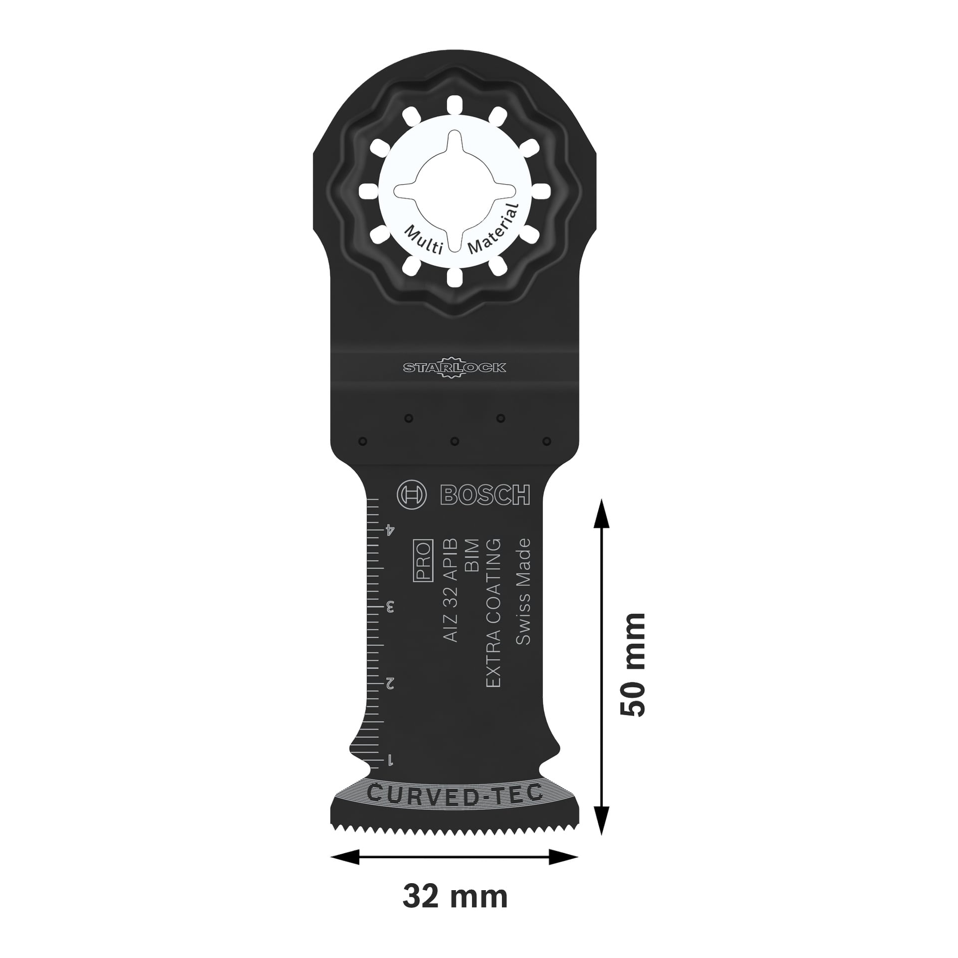 Bosch Pro Saw-blad AIZ32APIB 5-pakning med 32 mm brede, 50 mm lange Starlock-blader, hver merket med mål og spesifikasjoner.