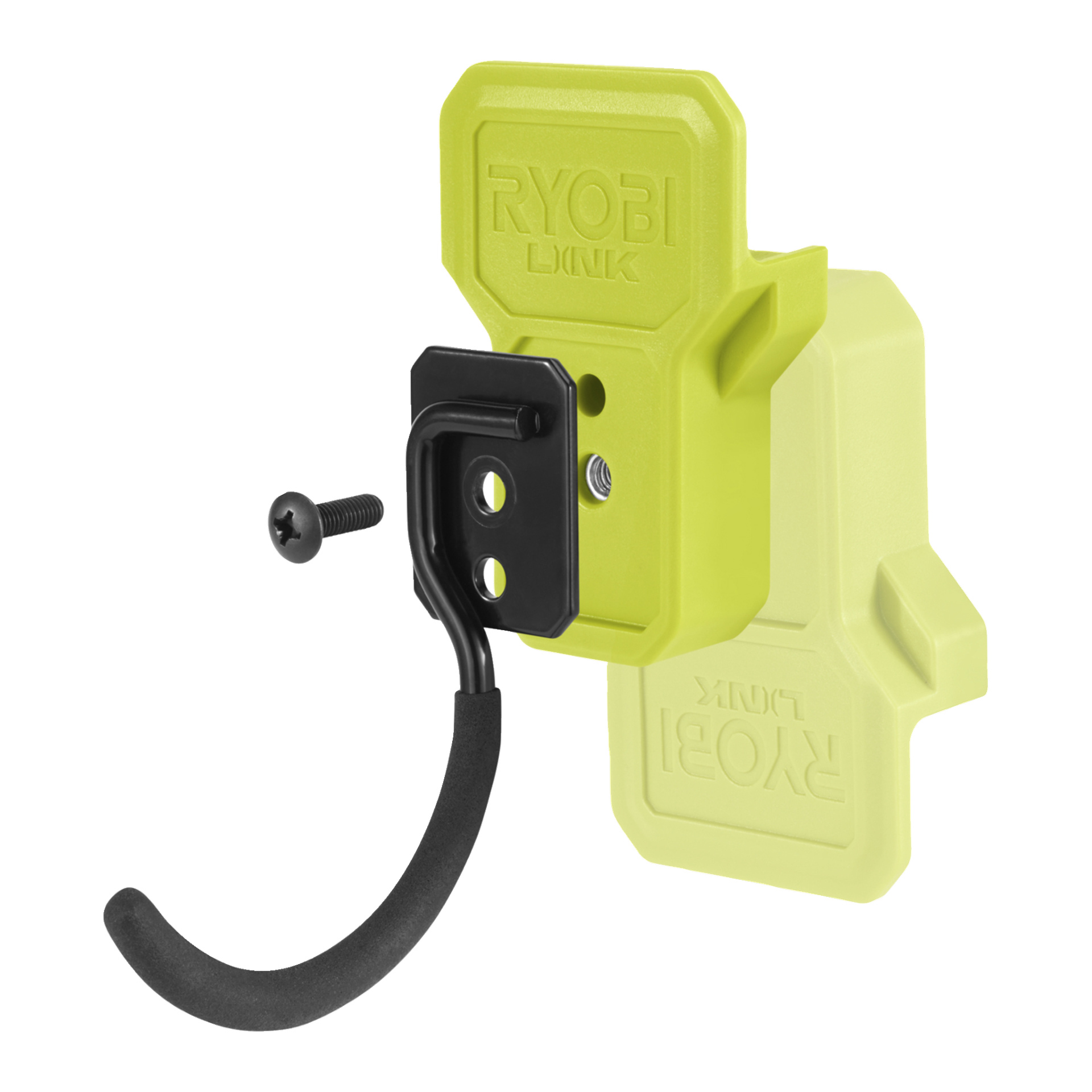 Gul Ryobi J-krok LINK RSLW815 verktygshållare med en svart böjd krok, monteringsskruv och präglad Ryobi-logotyp på höljet.