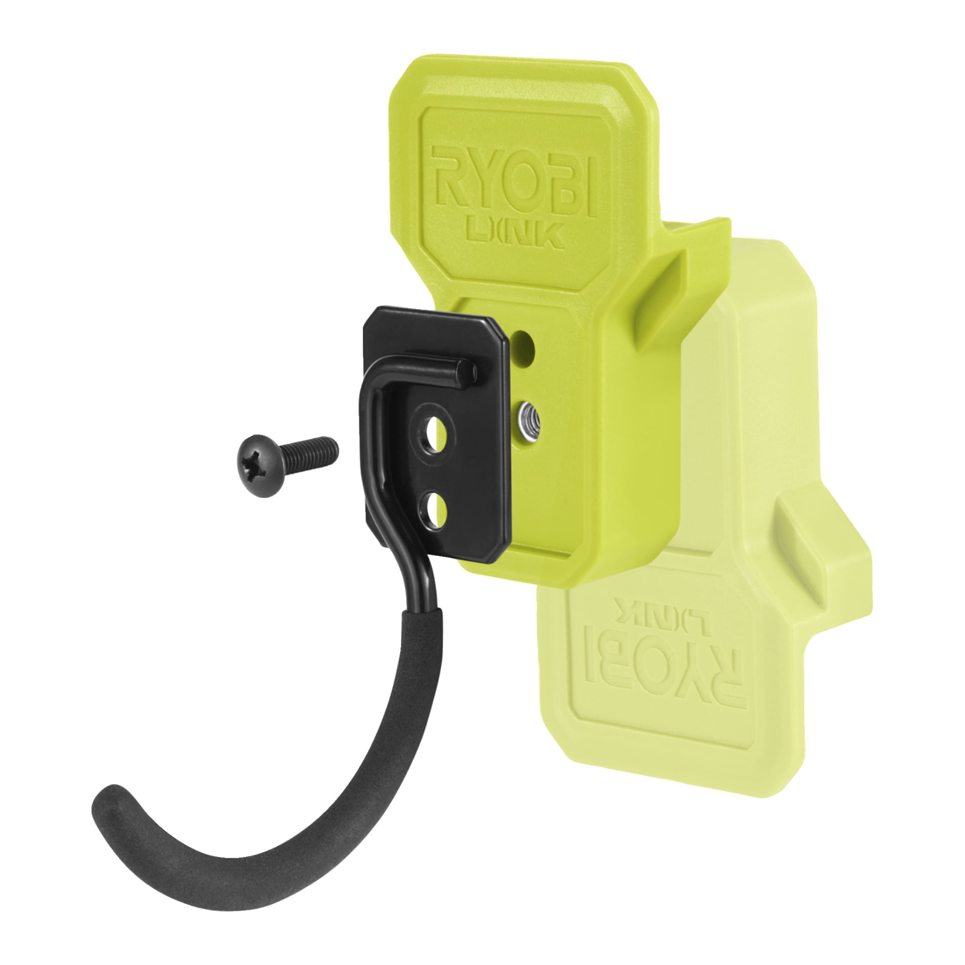 Gul Ryobi J-krok LINK RSLW815 verktygshållare med en svart böjd krok, monteringsskruv och präglad Ryobi-logotyp på höljet.