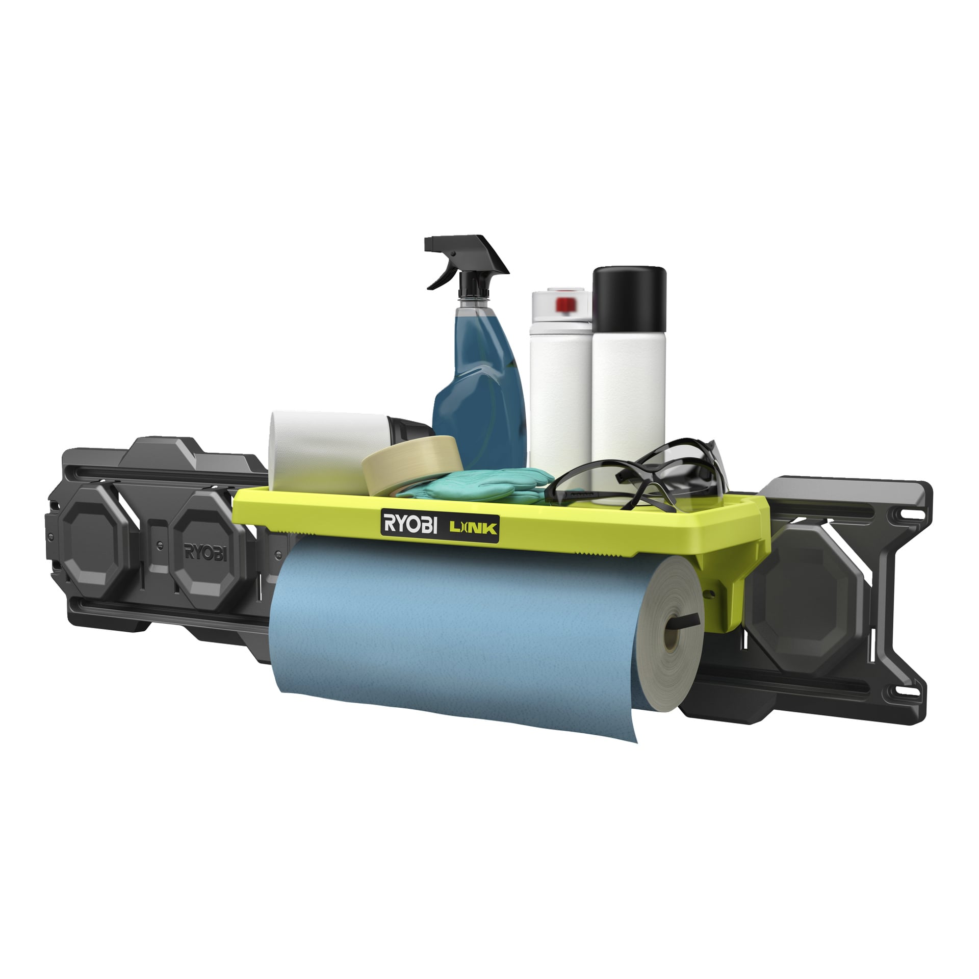 Ryobi LINK RSLW403 hyllan förvarar rengöringsartiklar, flaskor, tejp, en mask, skyddsglasögon och blå pappershanddukar på en svart väggräcke.