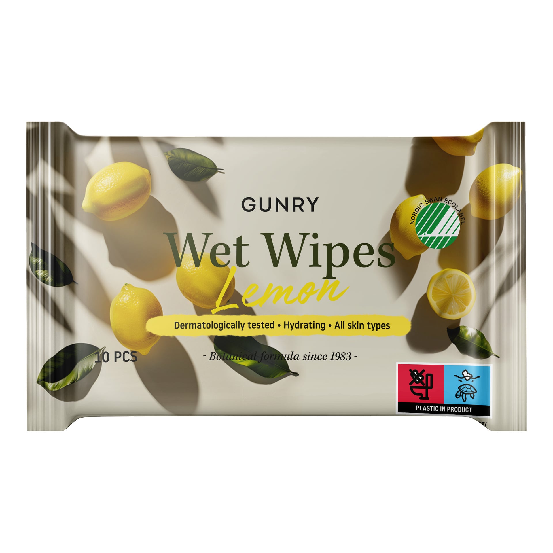 Gunry Lemon våtservetter 10-pack, med citroner och gröna blad. Dermatologiskt testad, återfuktande, för alla hudtyper.
